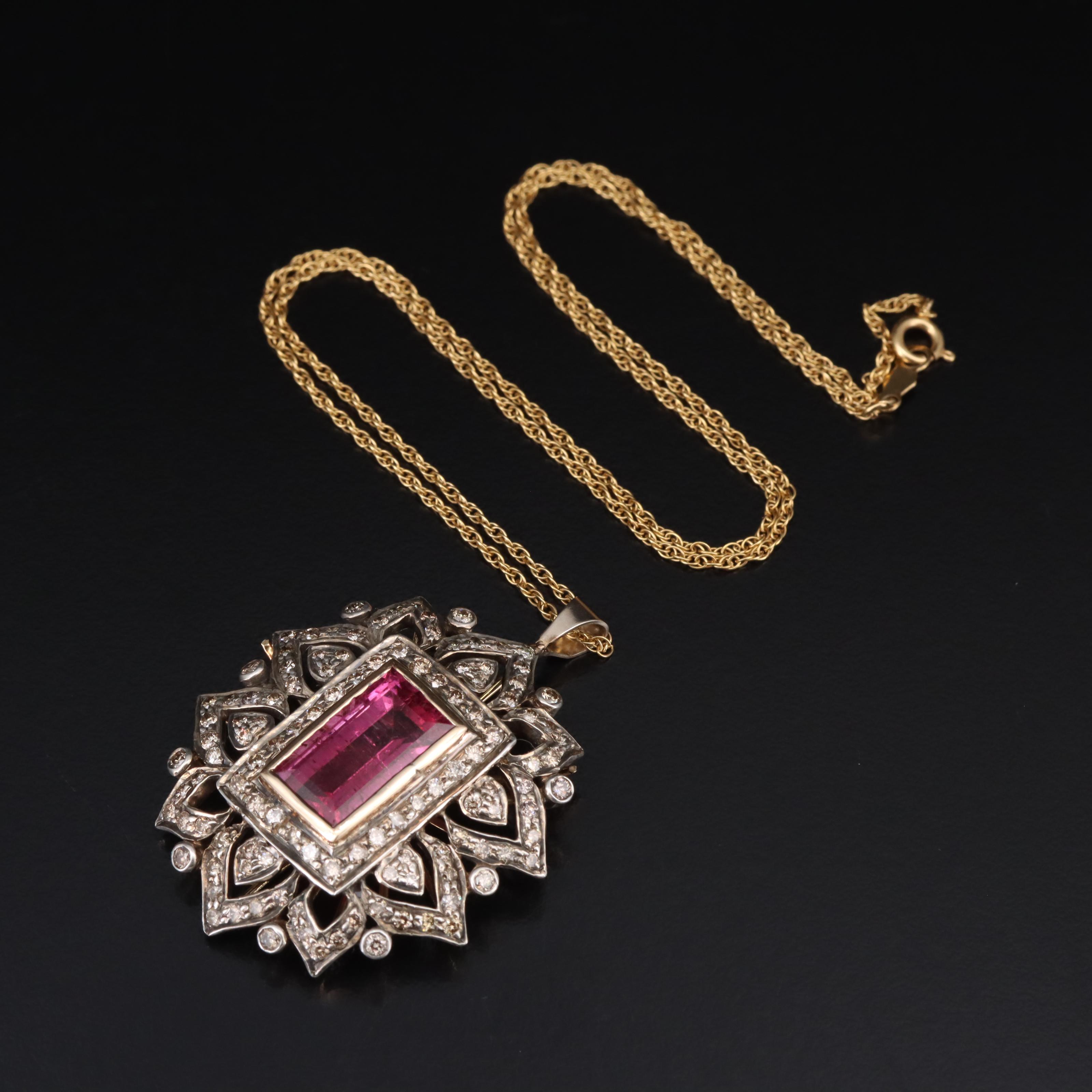 850 Silver and 14K 5.77 CT Tourmaline and 1.95 CTW Diamond Pendant Necklace