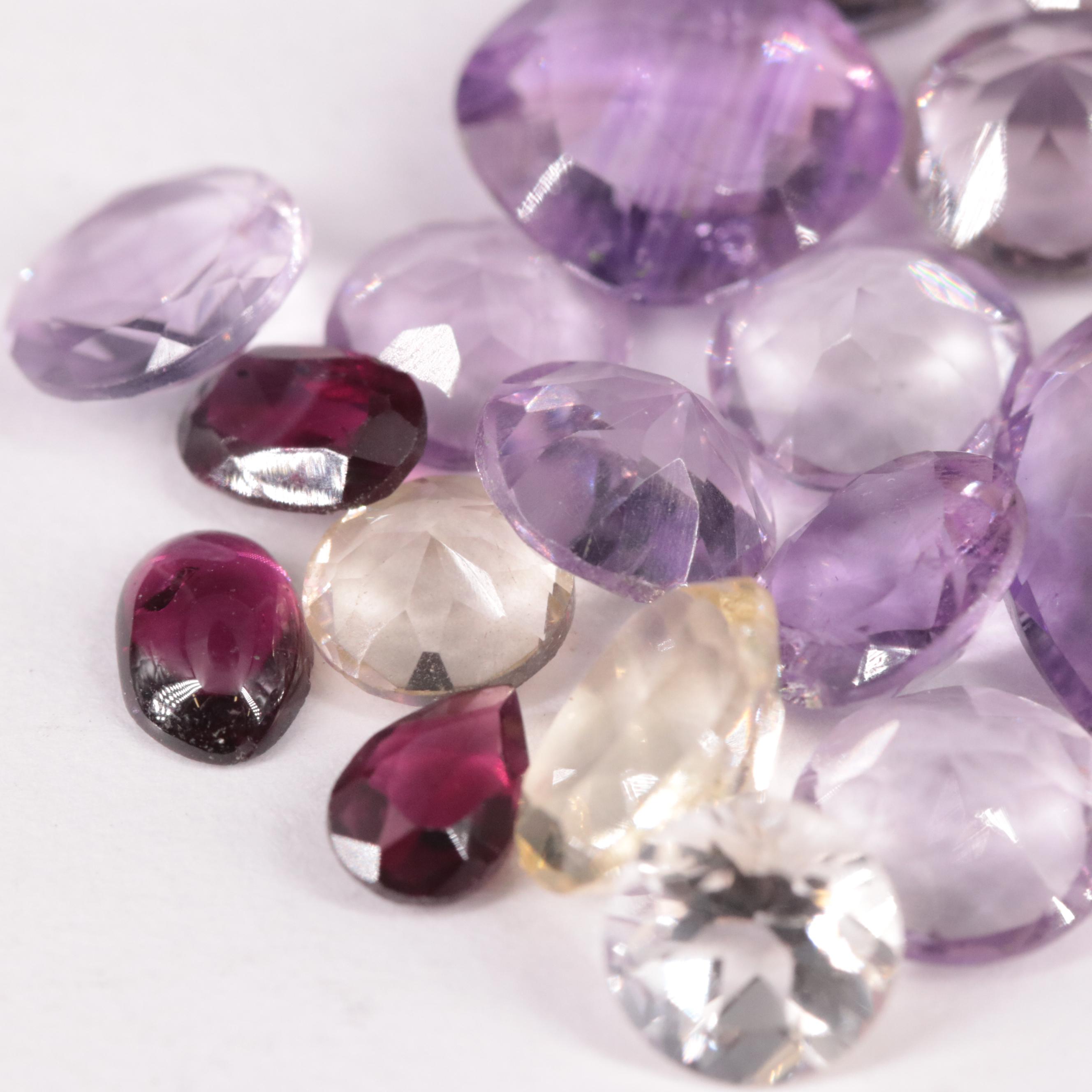 Loose 22.76 CTW Gemstone Lot Featuring Amethyst Citrine and Rhodolite Garnet