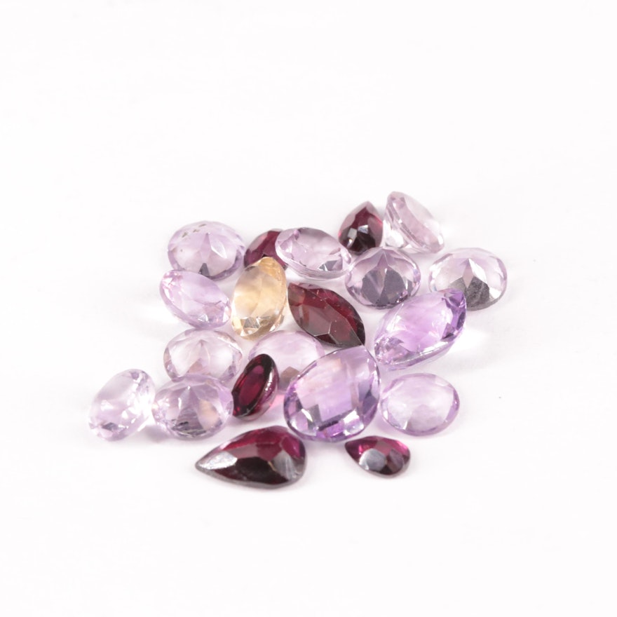 Loose 24.45 CTW Gemstone Lot Featuring Amethyst, Citrine and Rhodolite Garnet