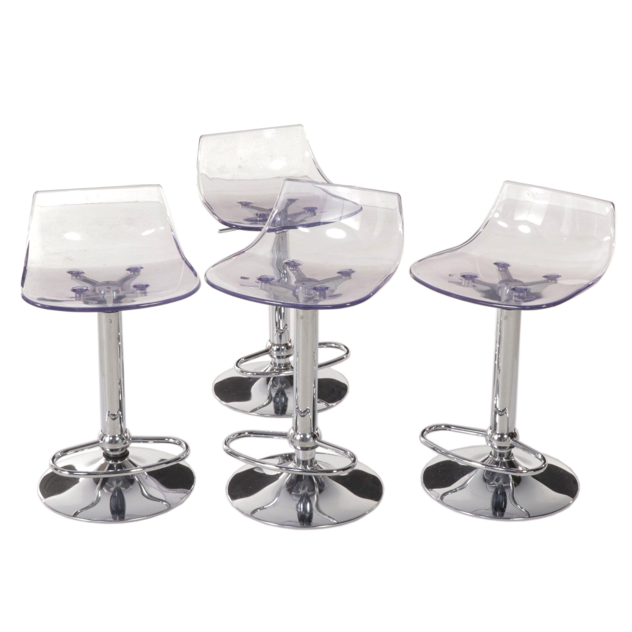 Four Modern Style Clear Acrylic and Chrome Adjustable Barstools