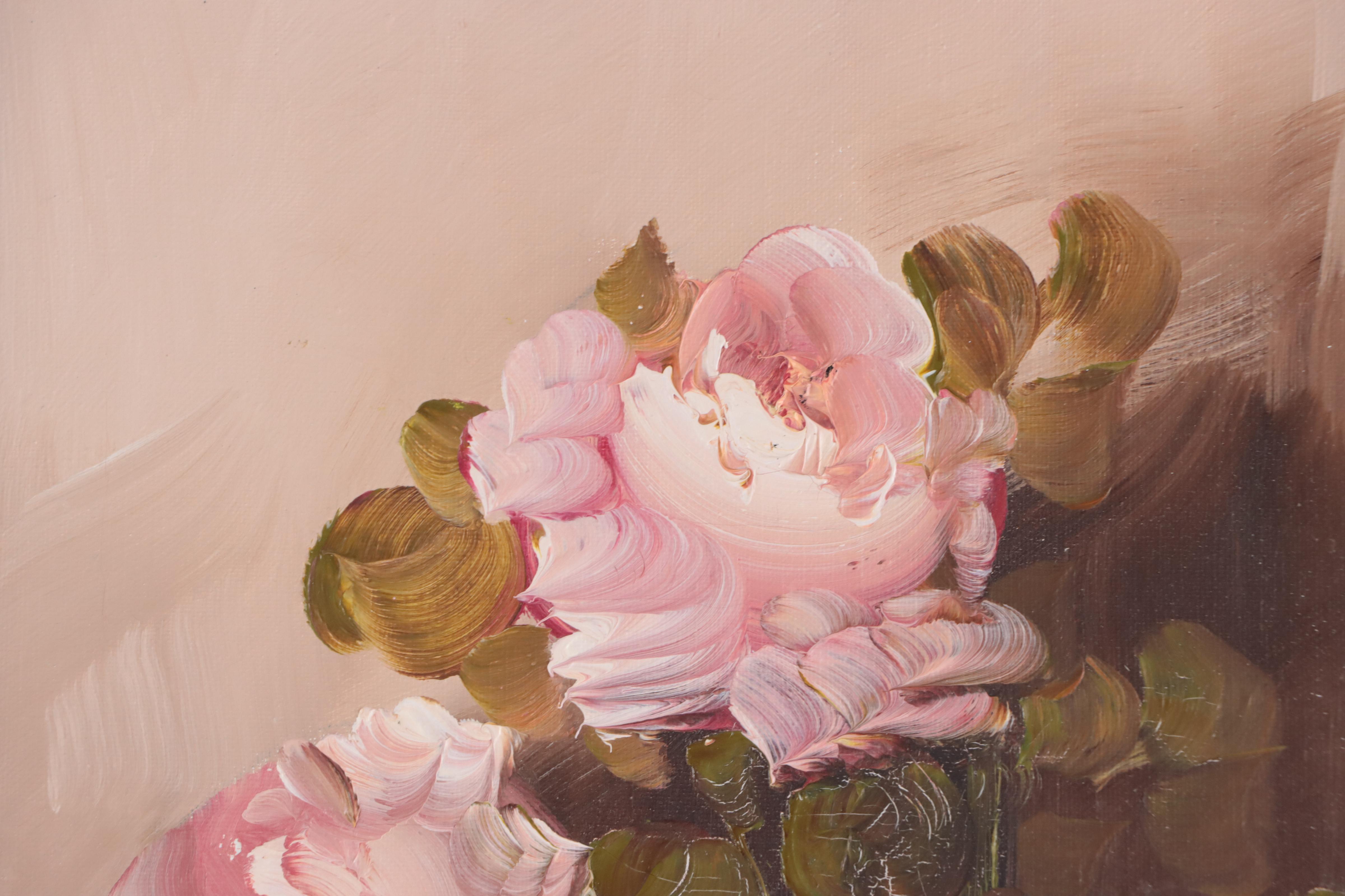 A. Silver Floral Still Life Acrylic Painting, Late 20th Century