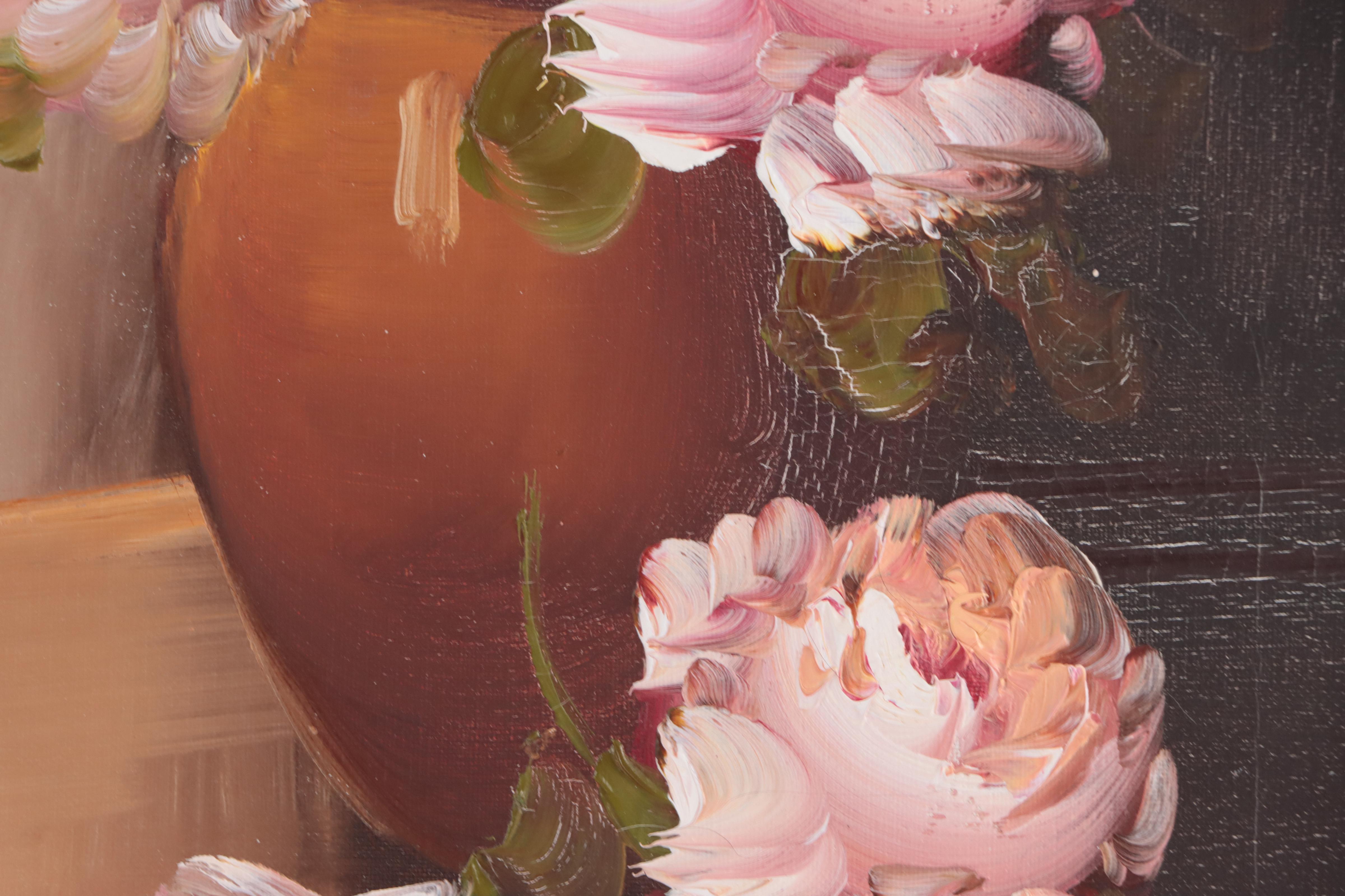 A. Silver Floral Still Life Acrylic Painting, Late 20th Century