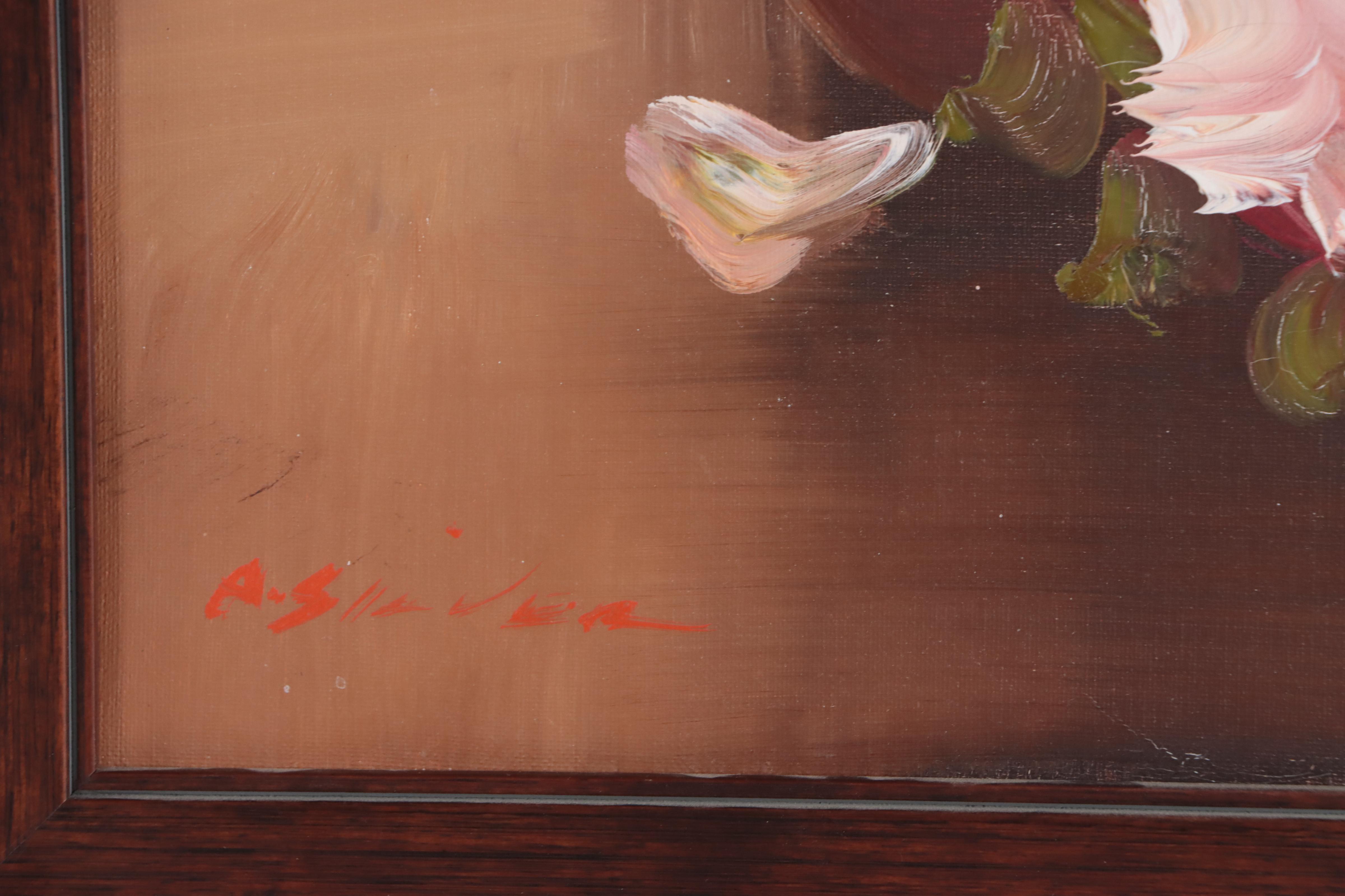 A. Silver Floral Still Life Acrylic Painting, Late 20th Century