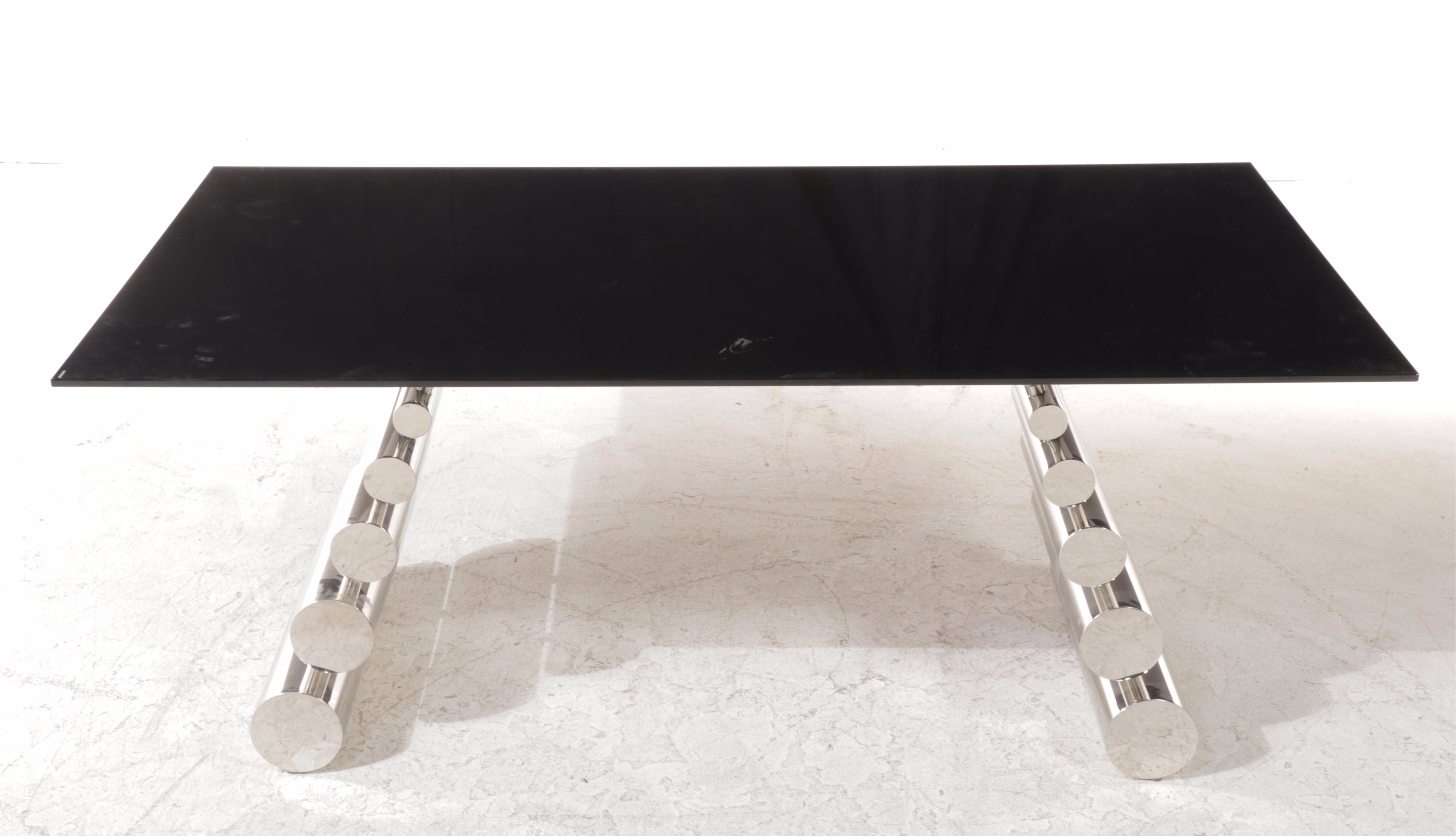 Modernist Black Glass and Chrome Dining Table and Six Chairs