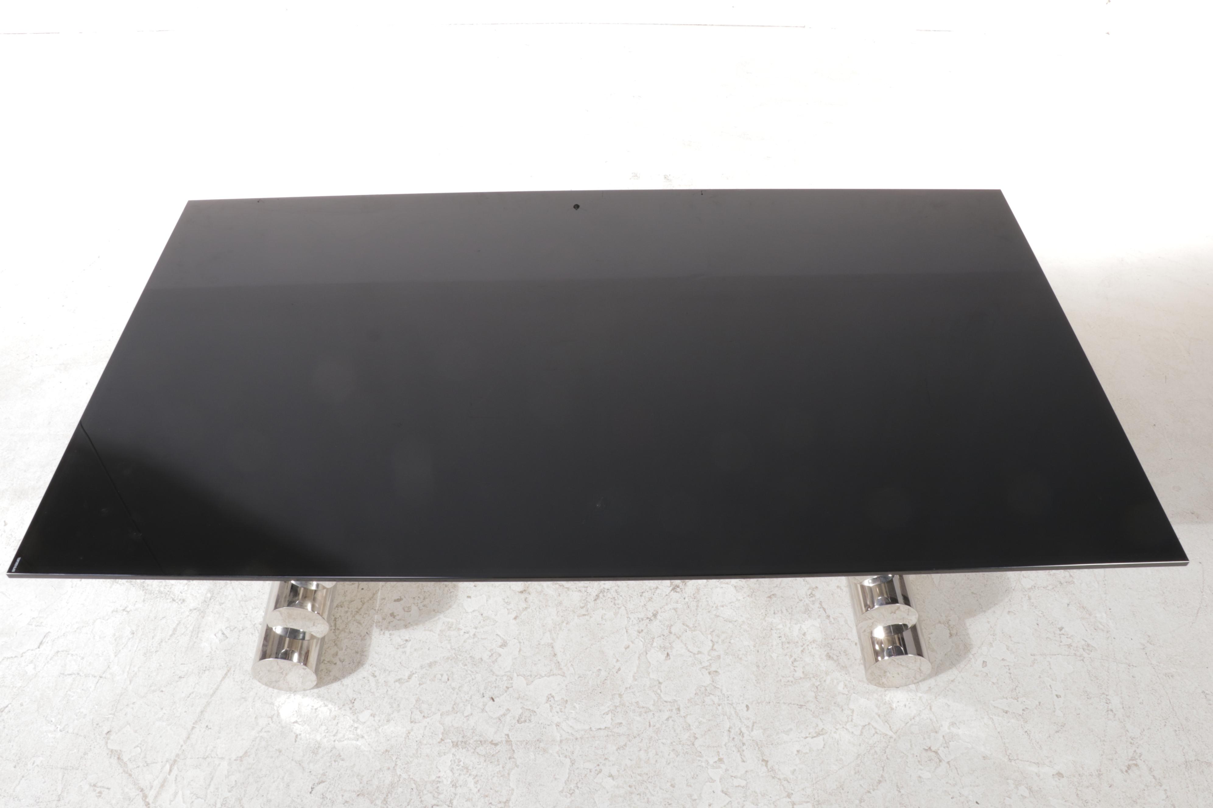 Modernist Black Glass and Chrome Dining Table and Six Chairs