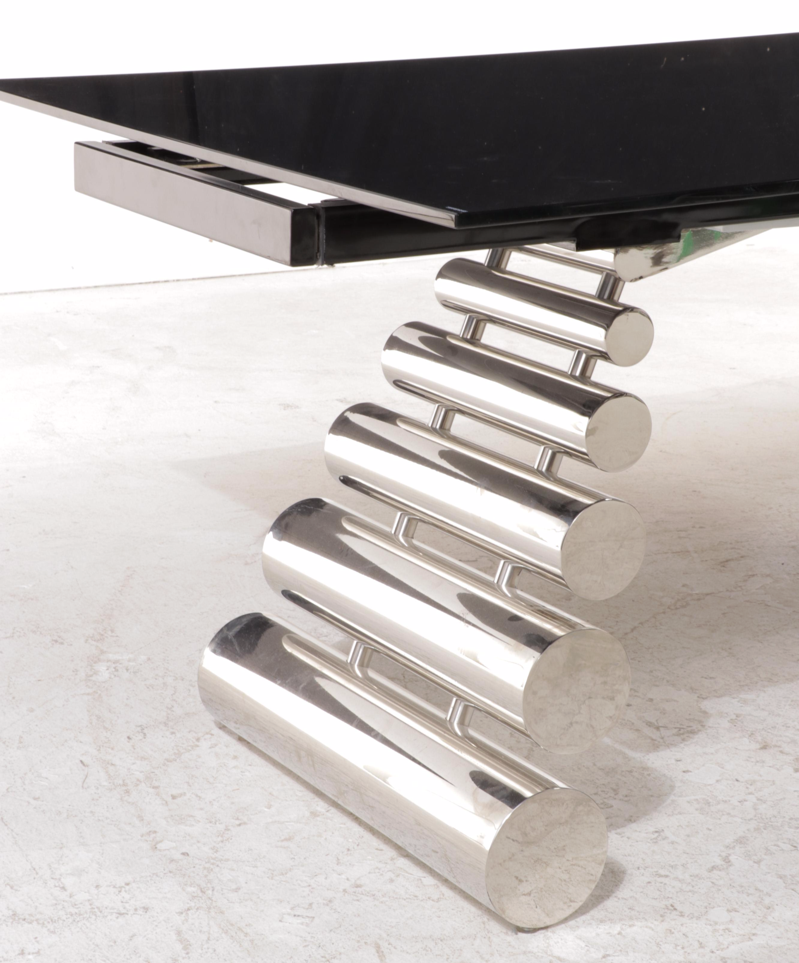 Modernist Black Glass and Chrome Dining Table and Six Chairs