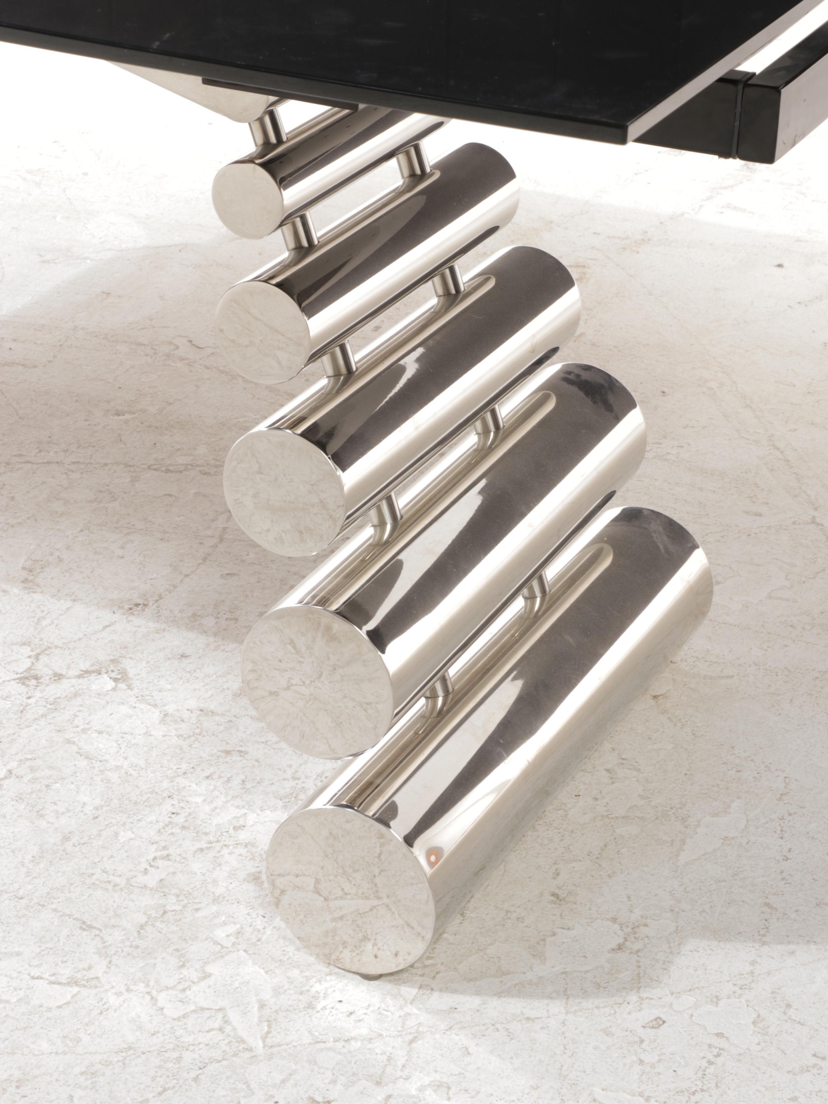 Modernist Black Glass and Chrome Dining Table and Six Chairs