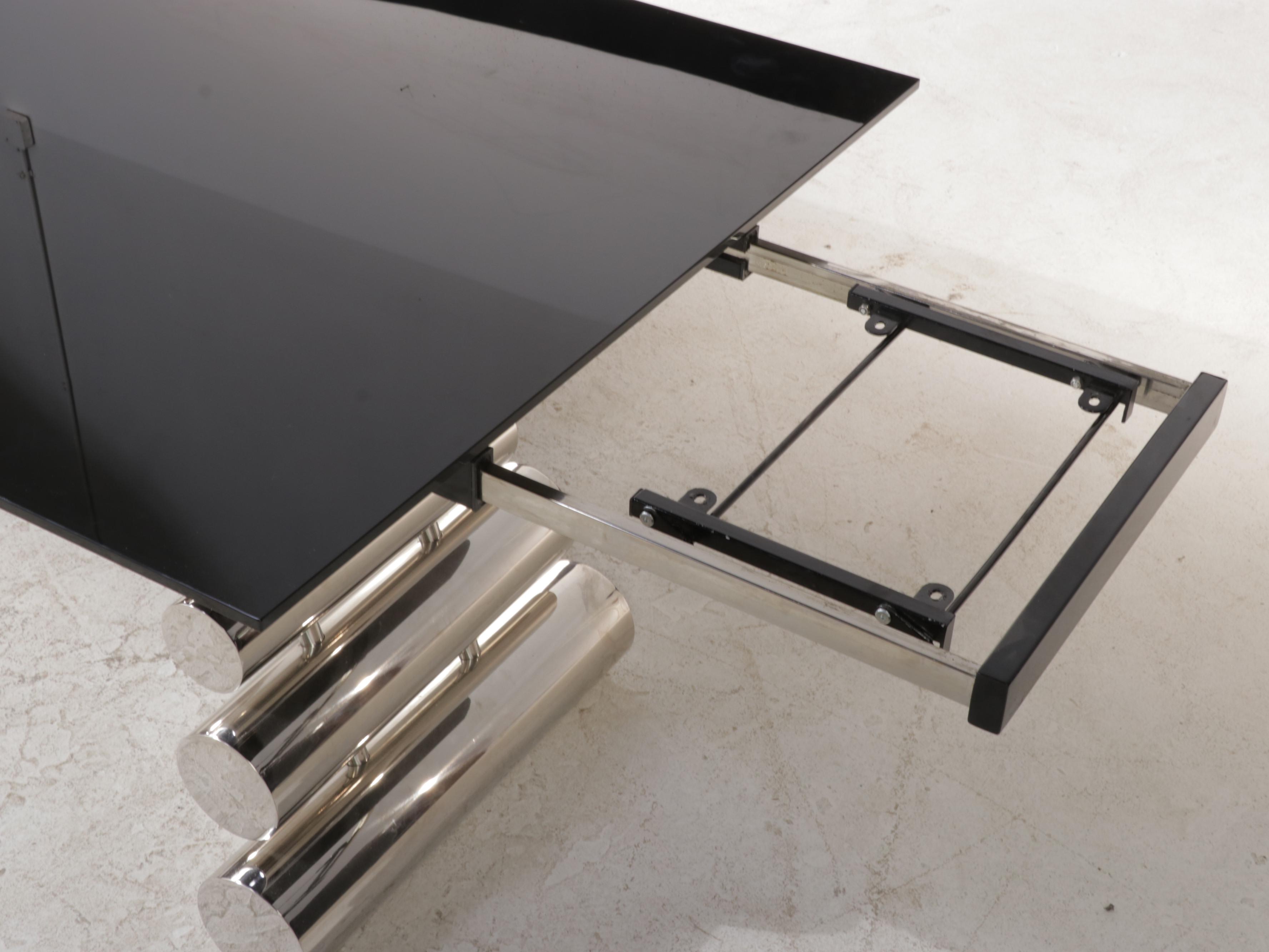 Modernist Black Glass and Chrome Dining Table and Six Chairs