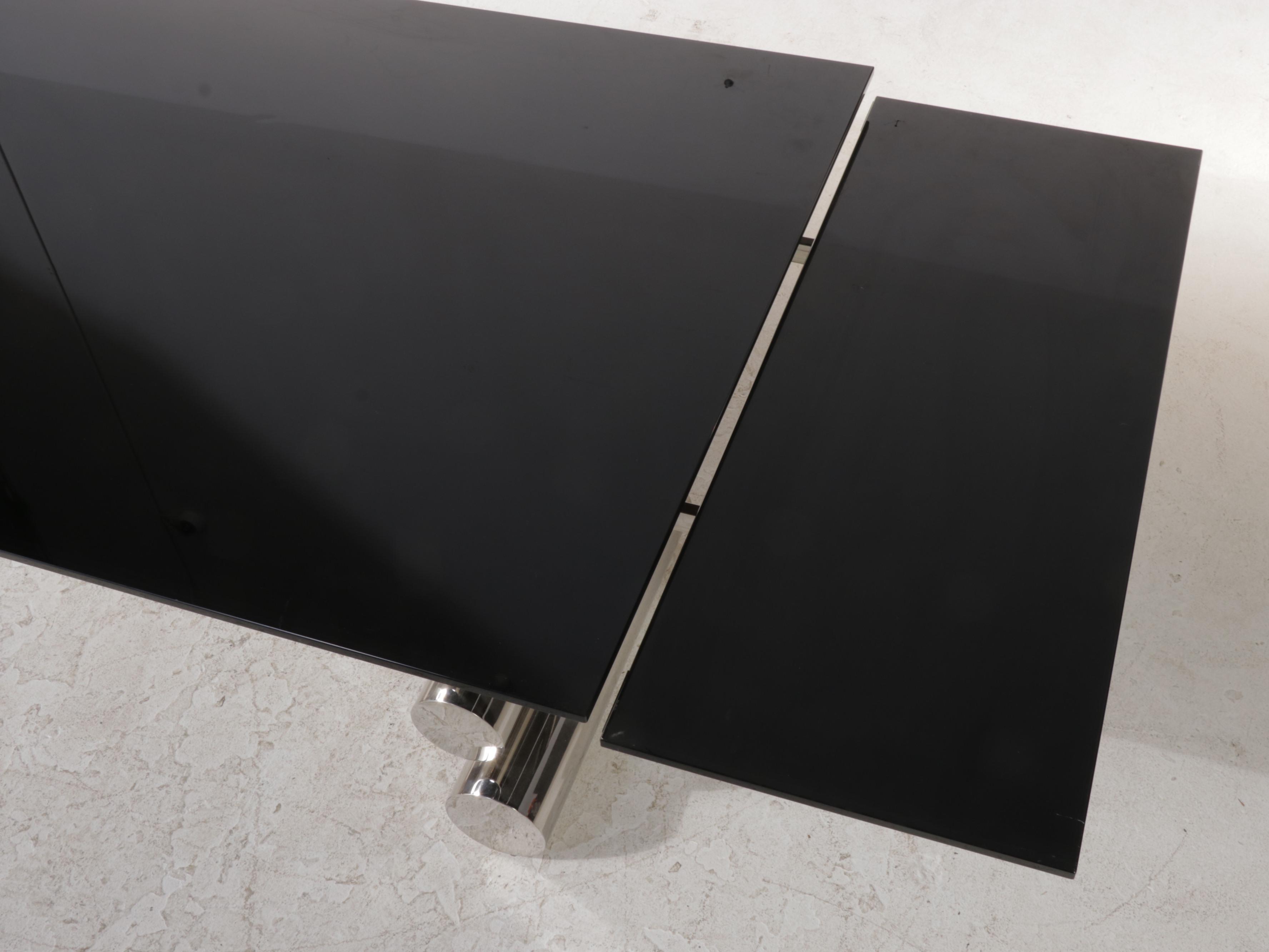 Modernist Black Glass and Chrome Dining Table and Six Chairs