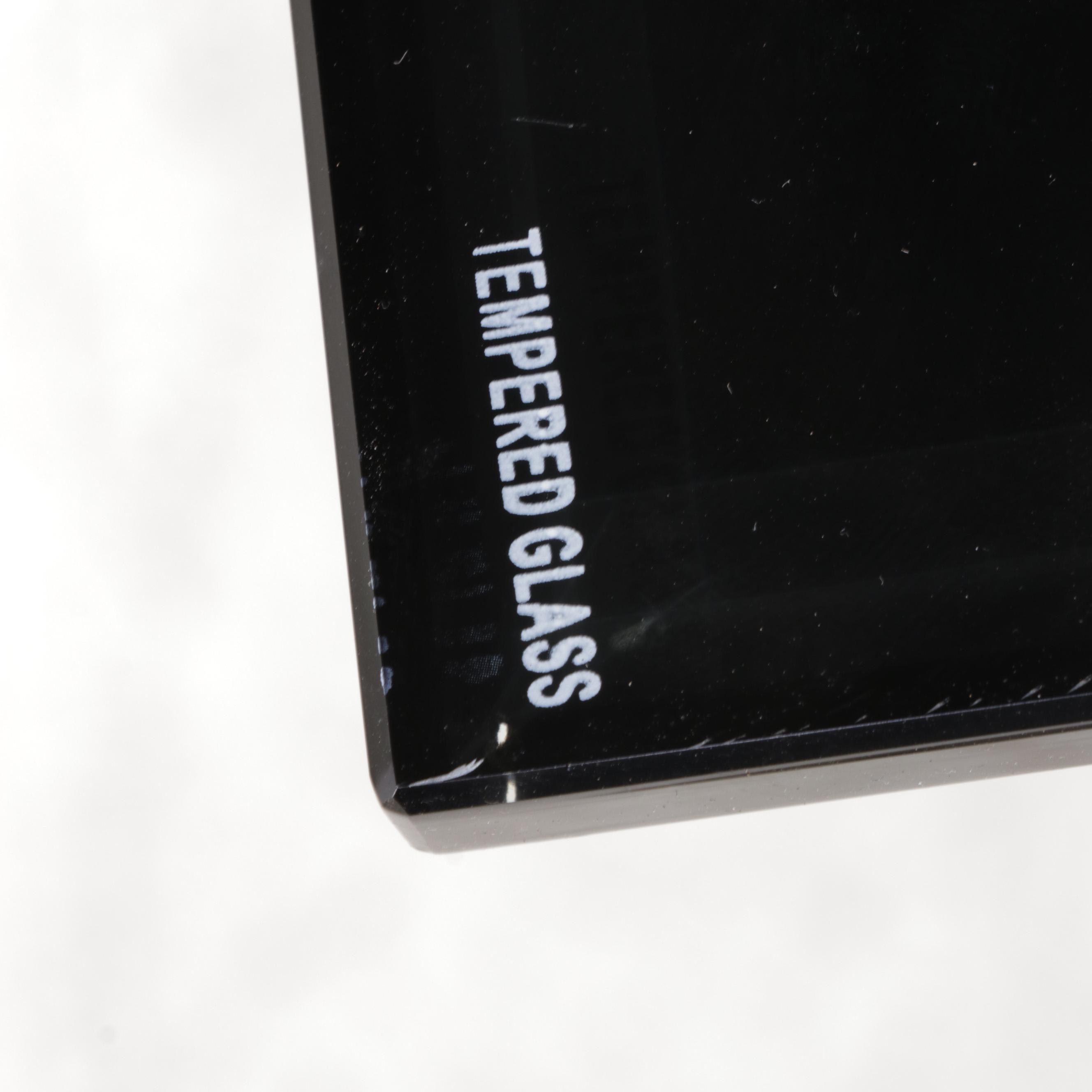 Modernist Black Glass and Chrome Dining Table and Six Chairs