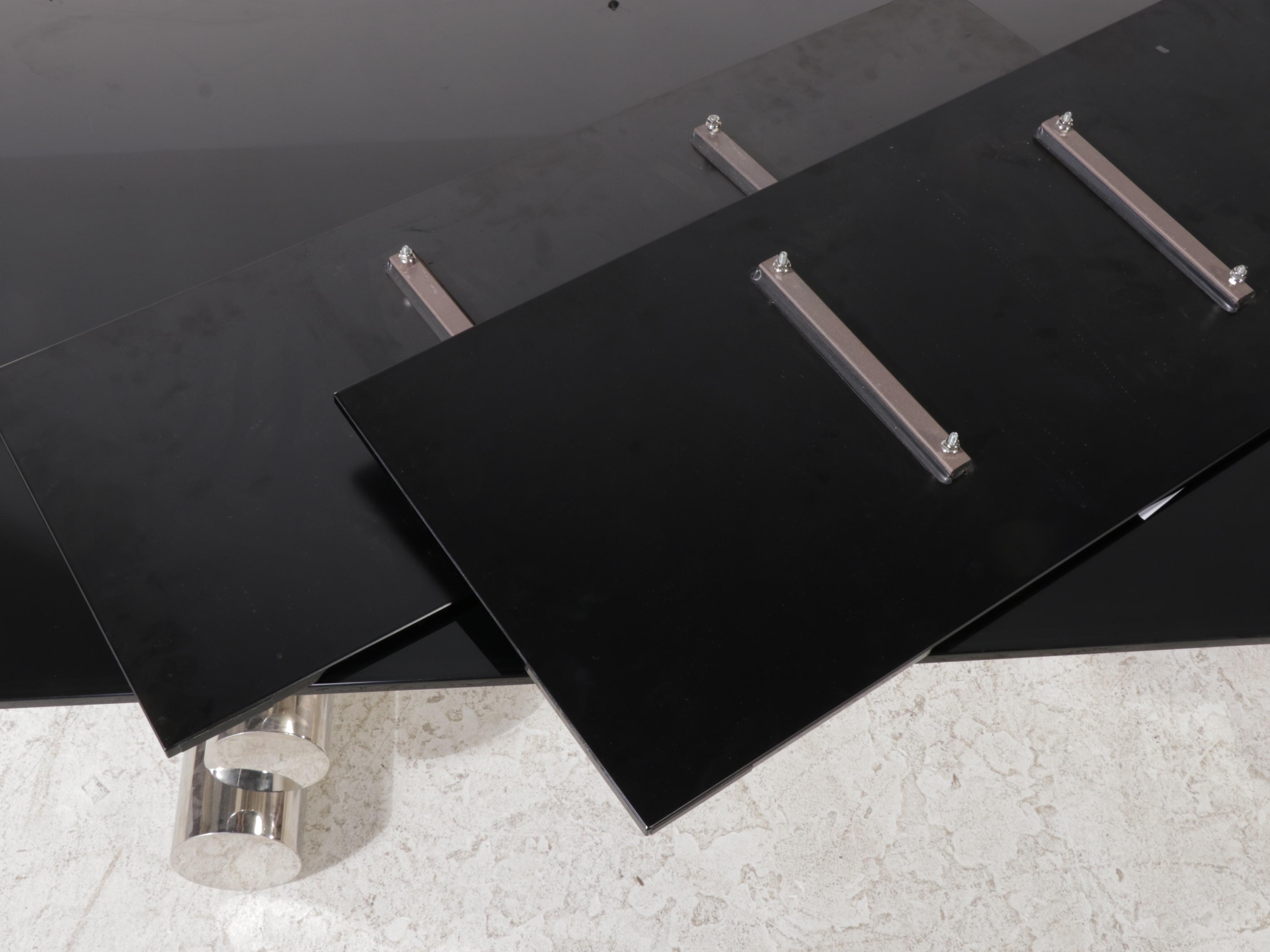 Modernist Black Glass and Chrome Dining Table and Six Chairs