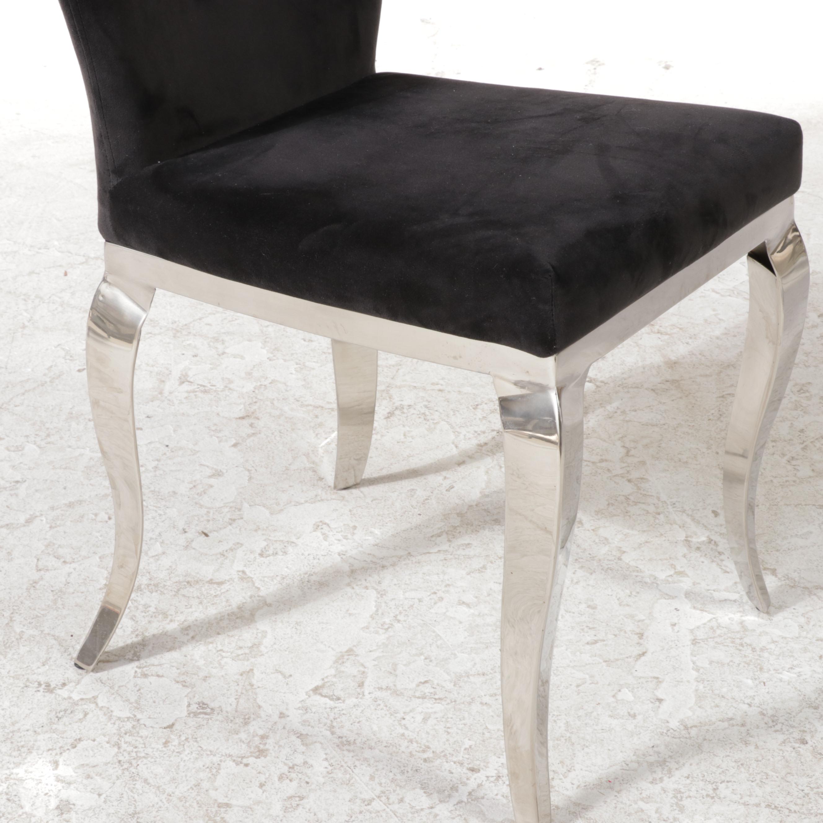 Modernist Black Glass and Chrome Dining Table and Six Chairs