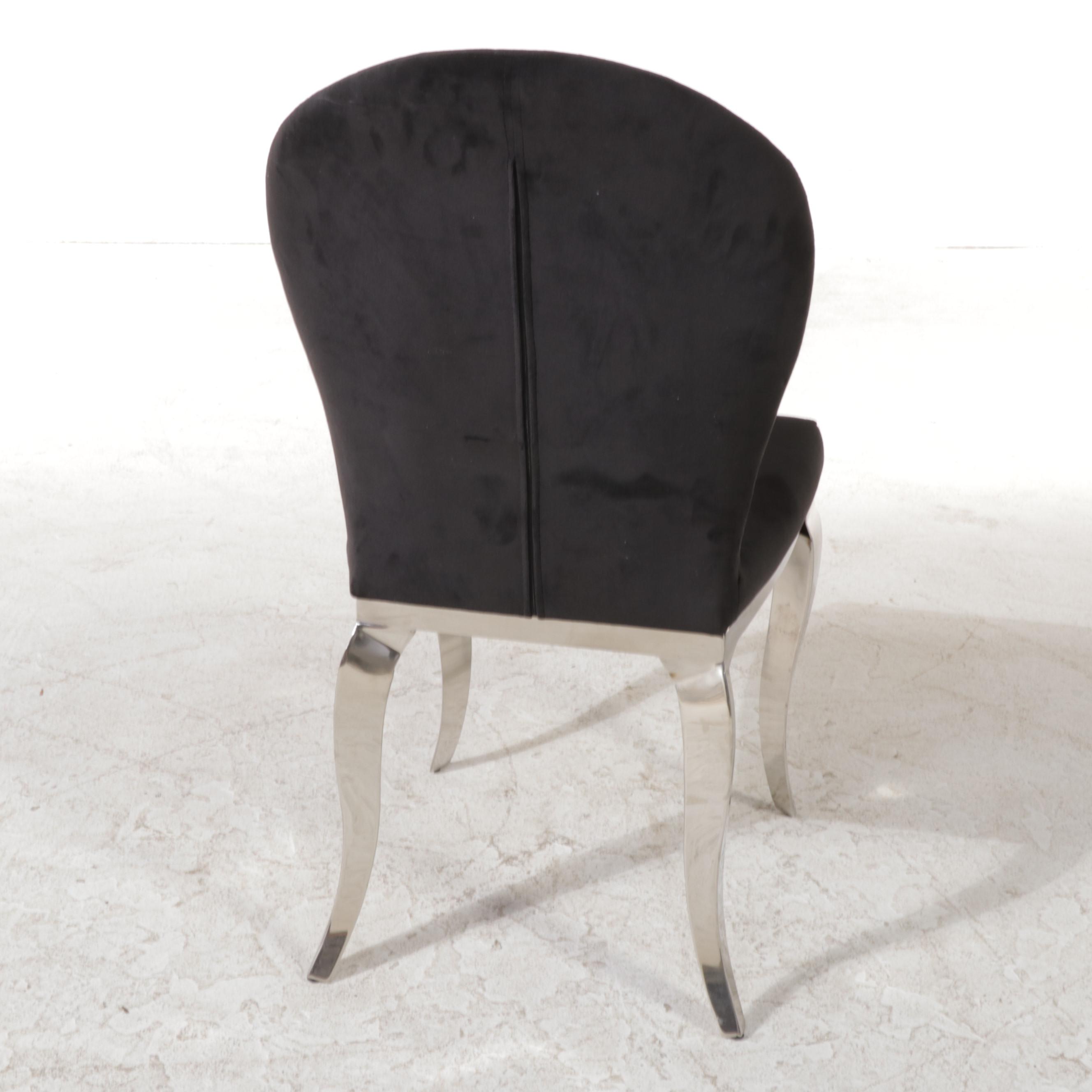 Modernist Black Glass and Chrome Dining Table and Six Chairs