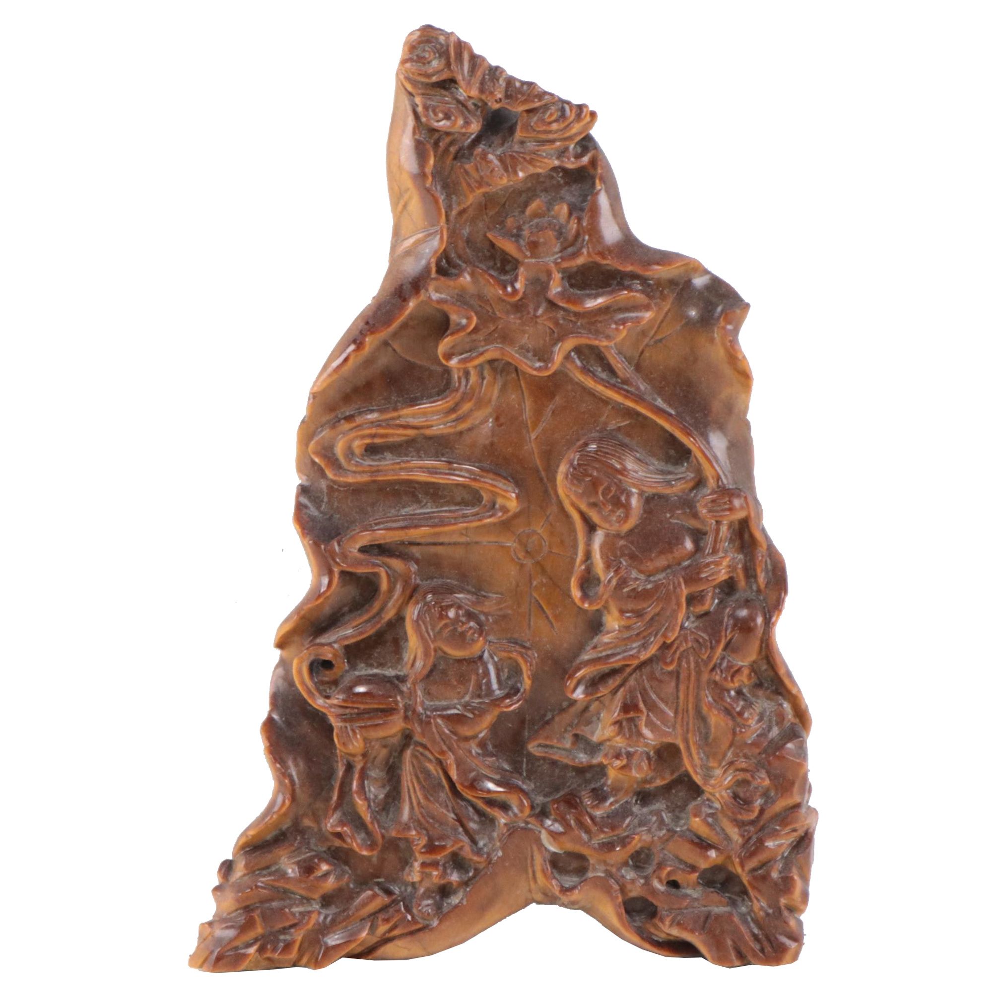 Tiger's Eye Stone Hand-Carved Allegorical Scene