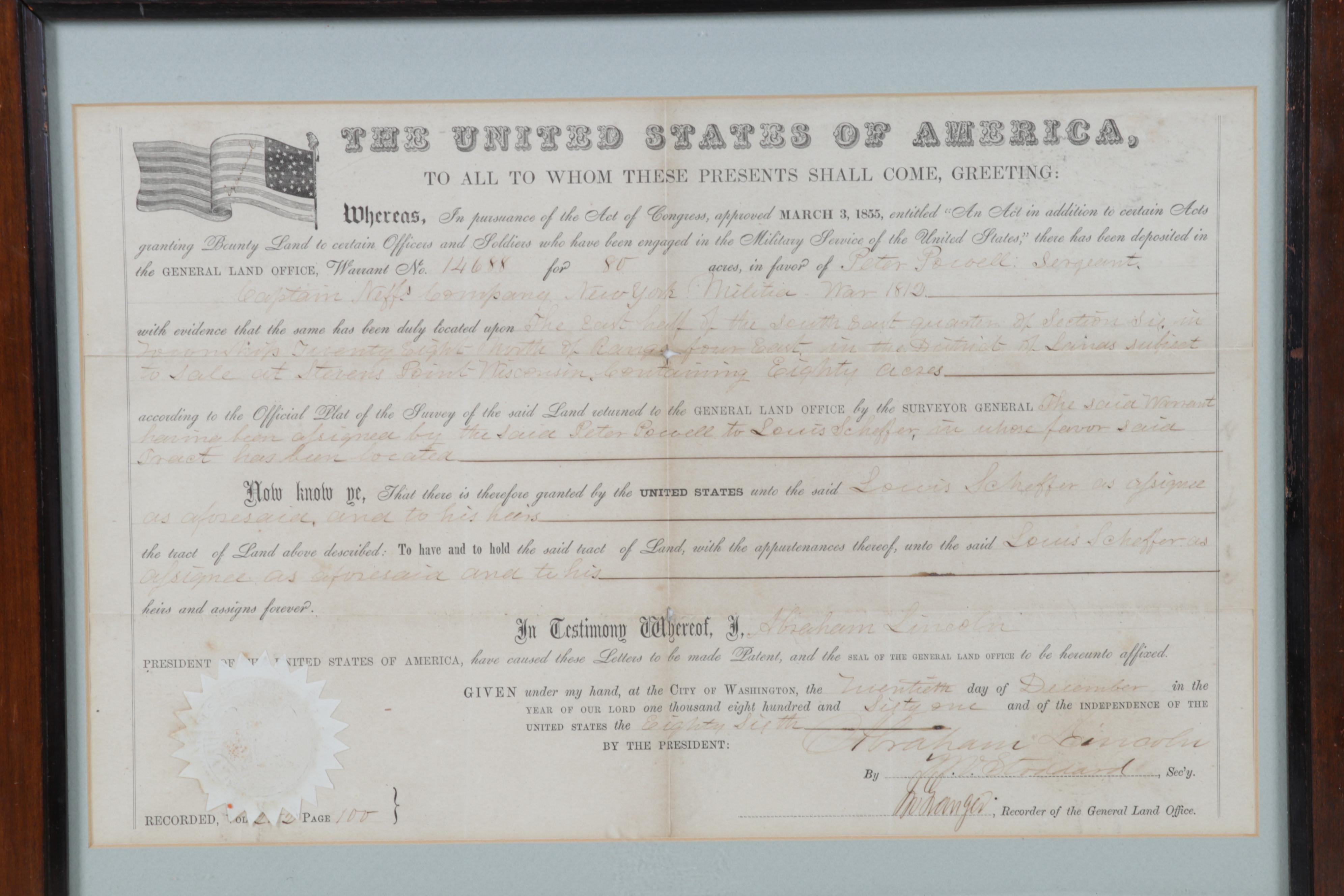 Abraham Lincoln Secretarial Signed Land Grant, Dated 1861