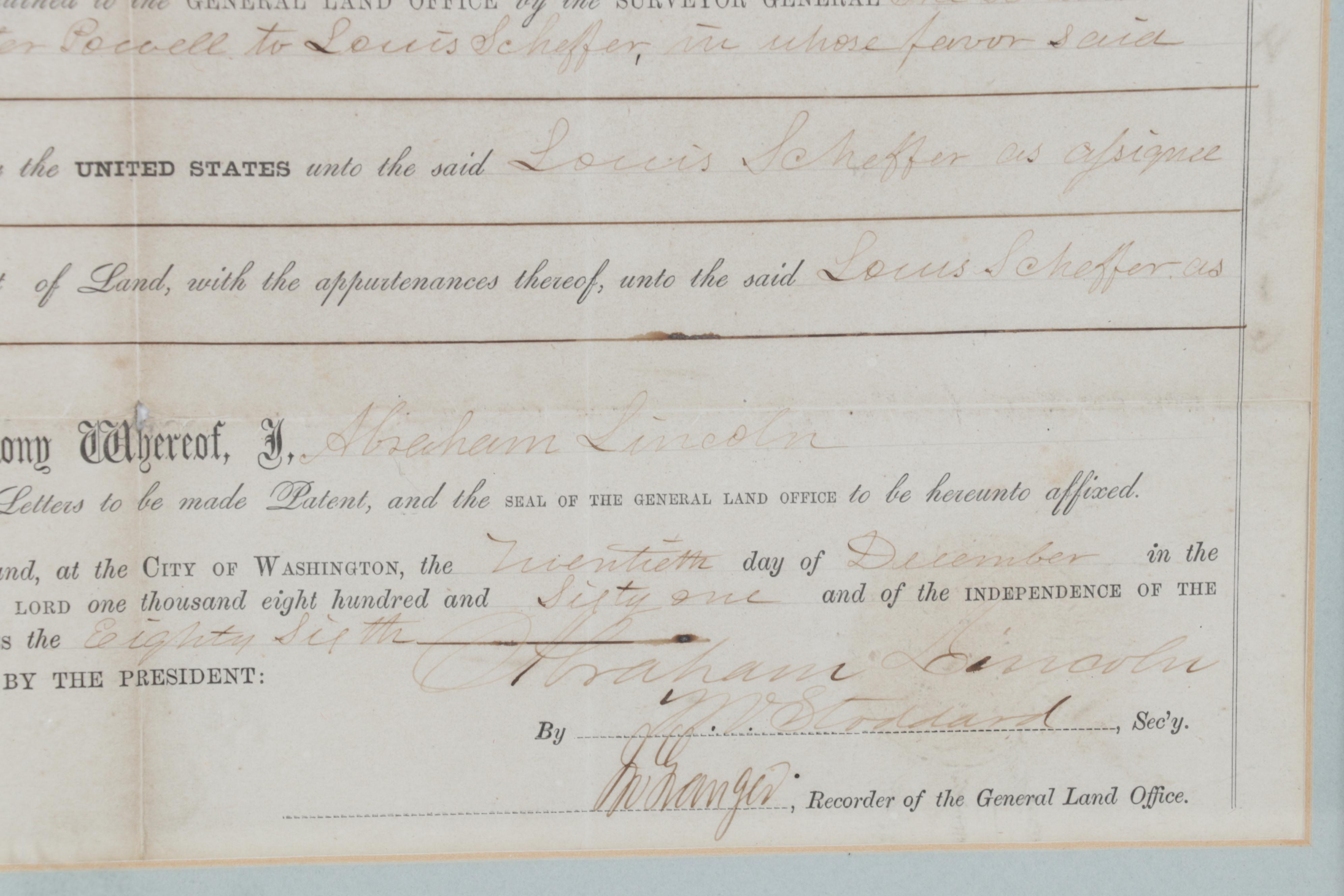 Abraham Lincoln Secretarial Signed Land Grant, Dated 1861