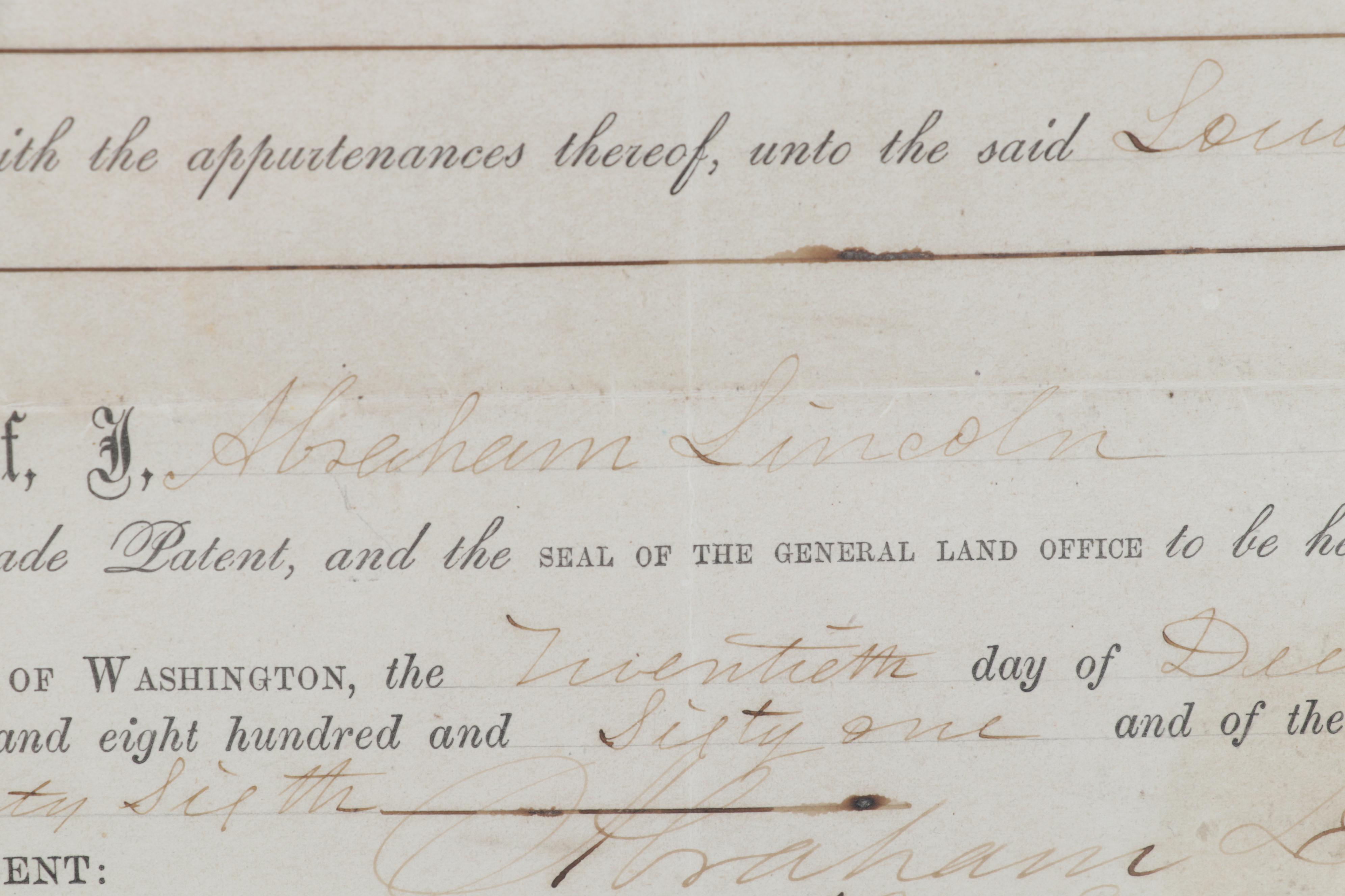 Abraham Lincoln Secretarial Signed Land Grant, Dated 1861