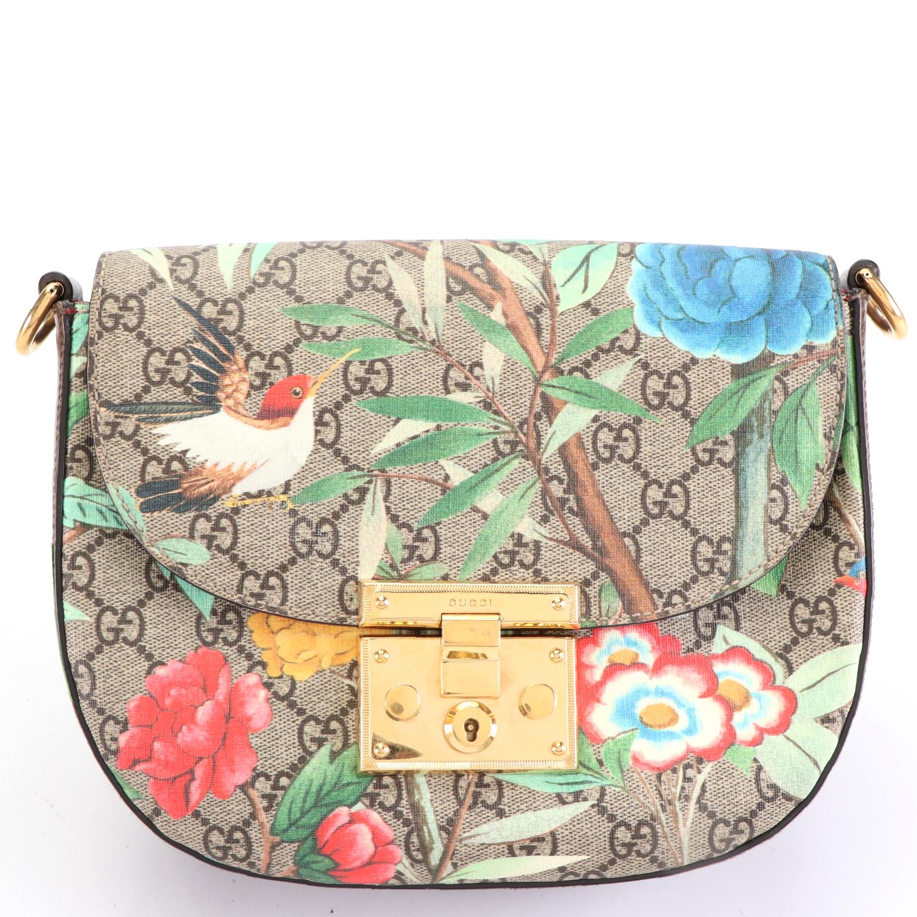 Gucci Web Medium Padlock Saddle Bag in Floral GG Supreme Canvas and Leather
