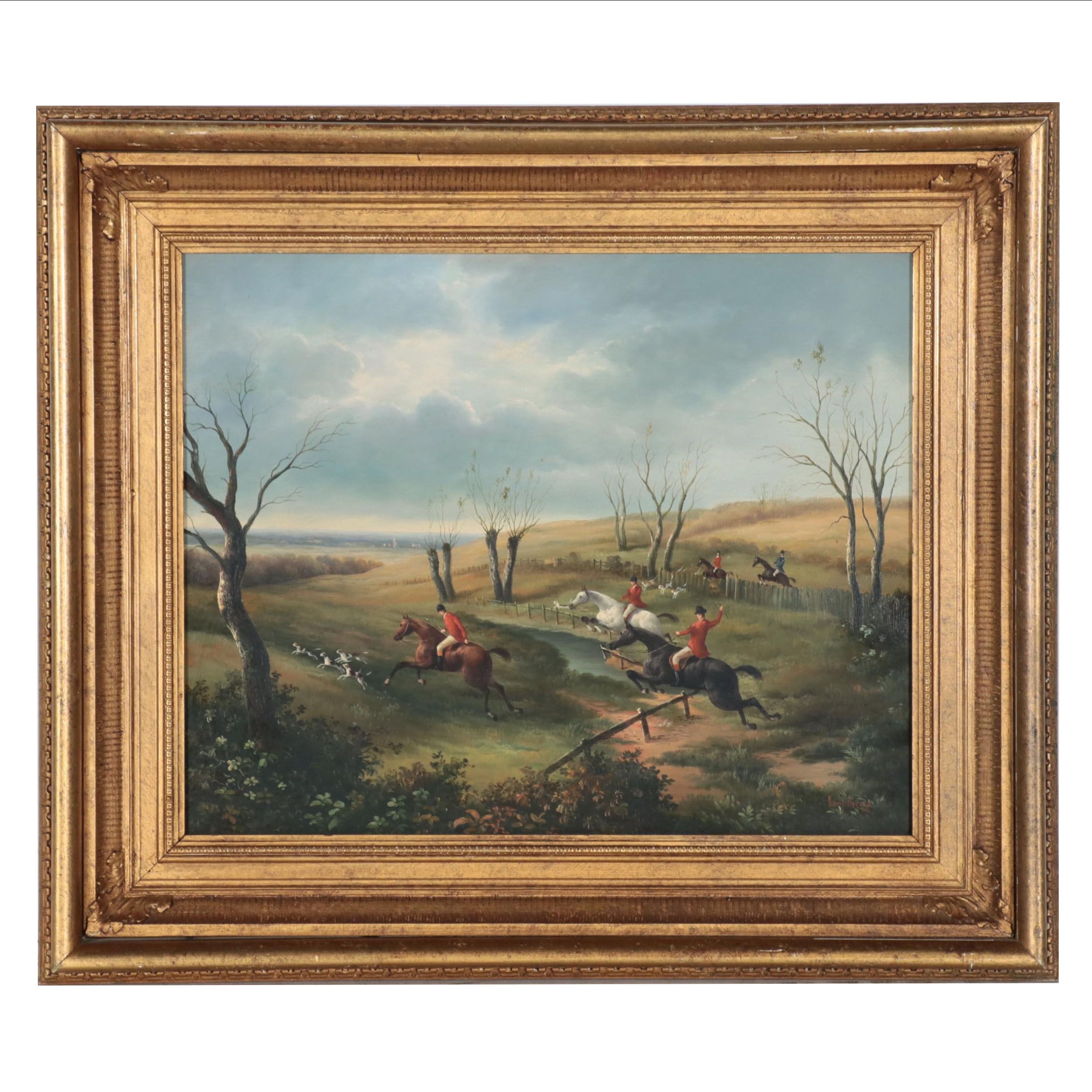 English School Fox Hunting Scene Oil Painting, 20th Century