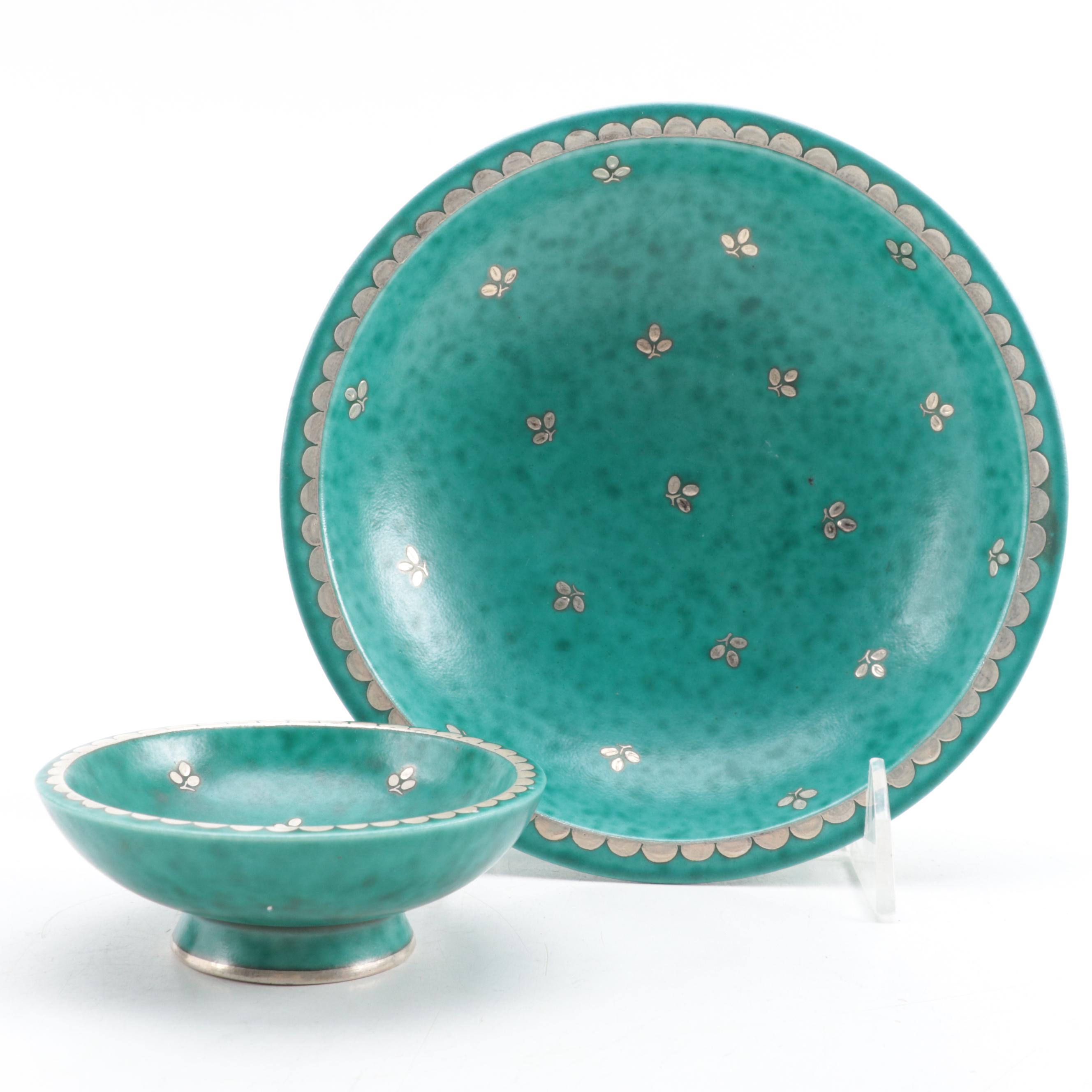 Wilhelm Kåge for Gustavsberg Argenta Silver Overlay Stoneware Vases and Bowls