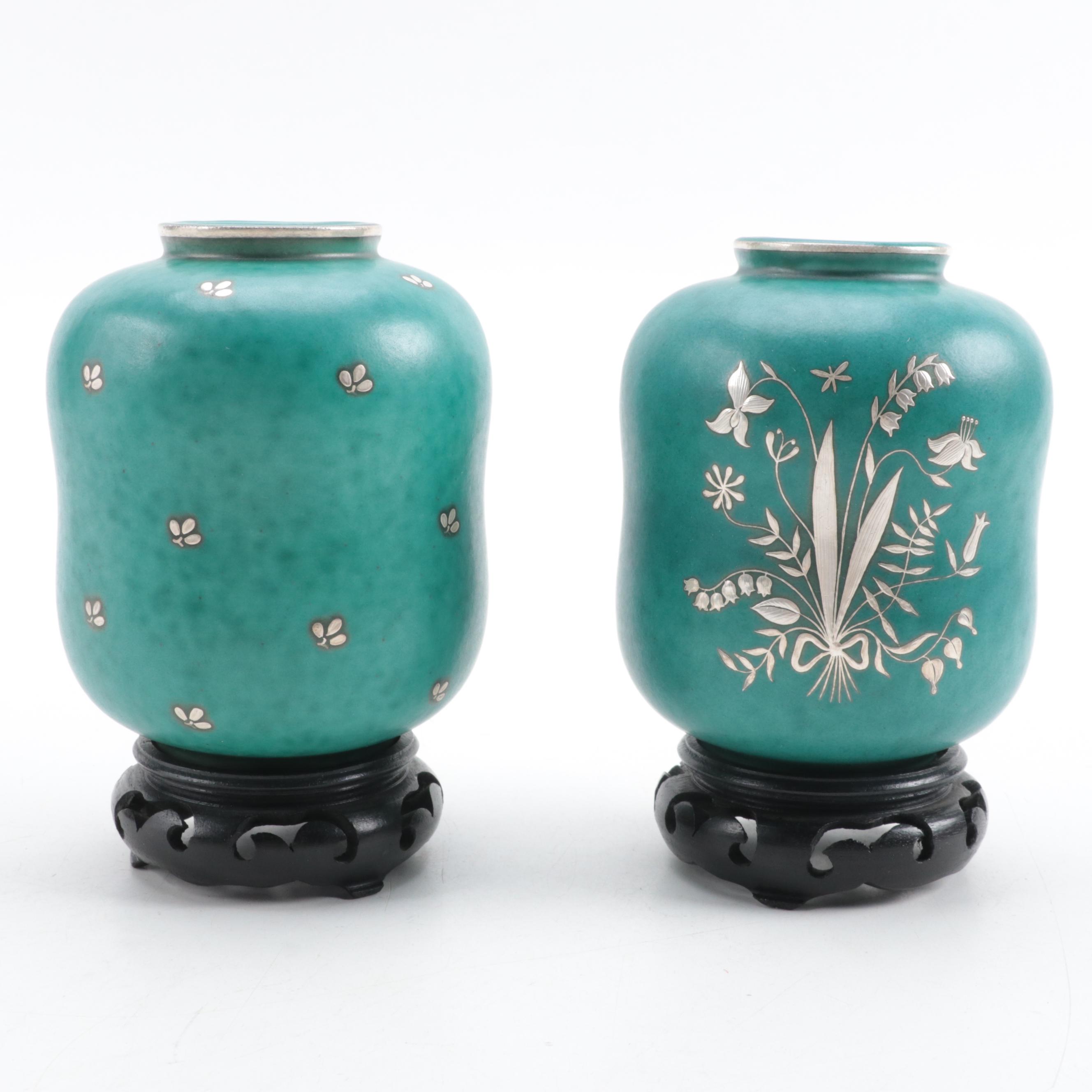Wilhelm Kåge for Gustavsberg Argenta Silver Overlay Stoneware Vases and Bowls
