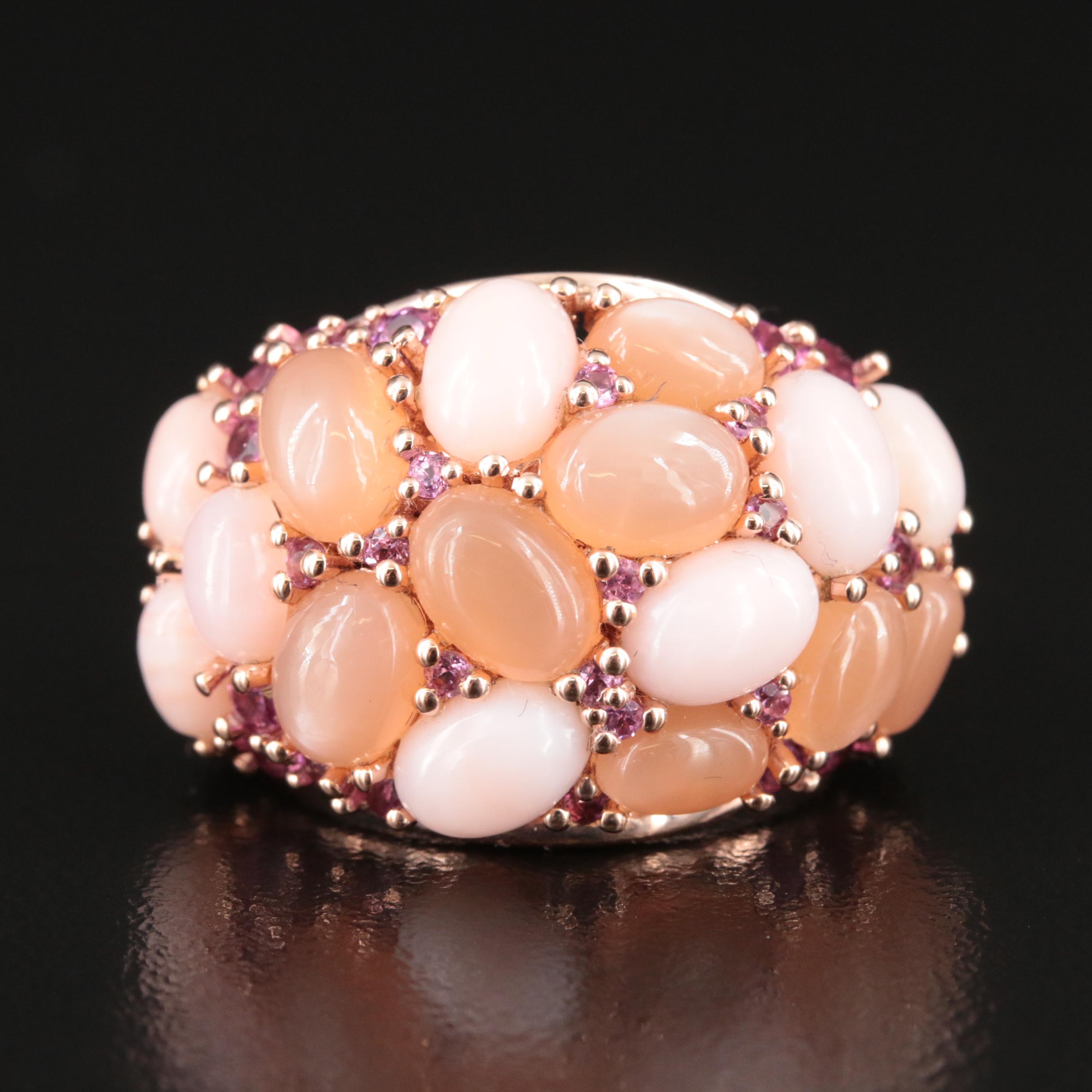 Sterling Moonstone, Common Opal and Garnet Cluster Ring