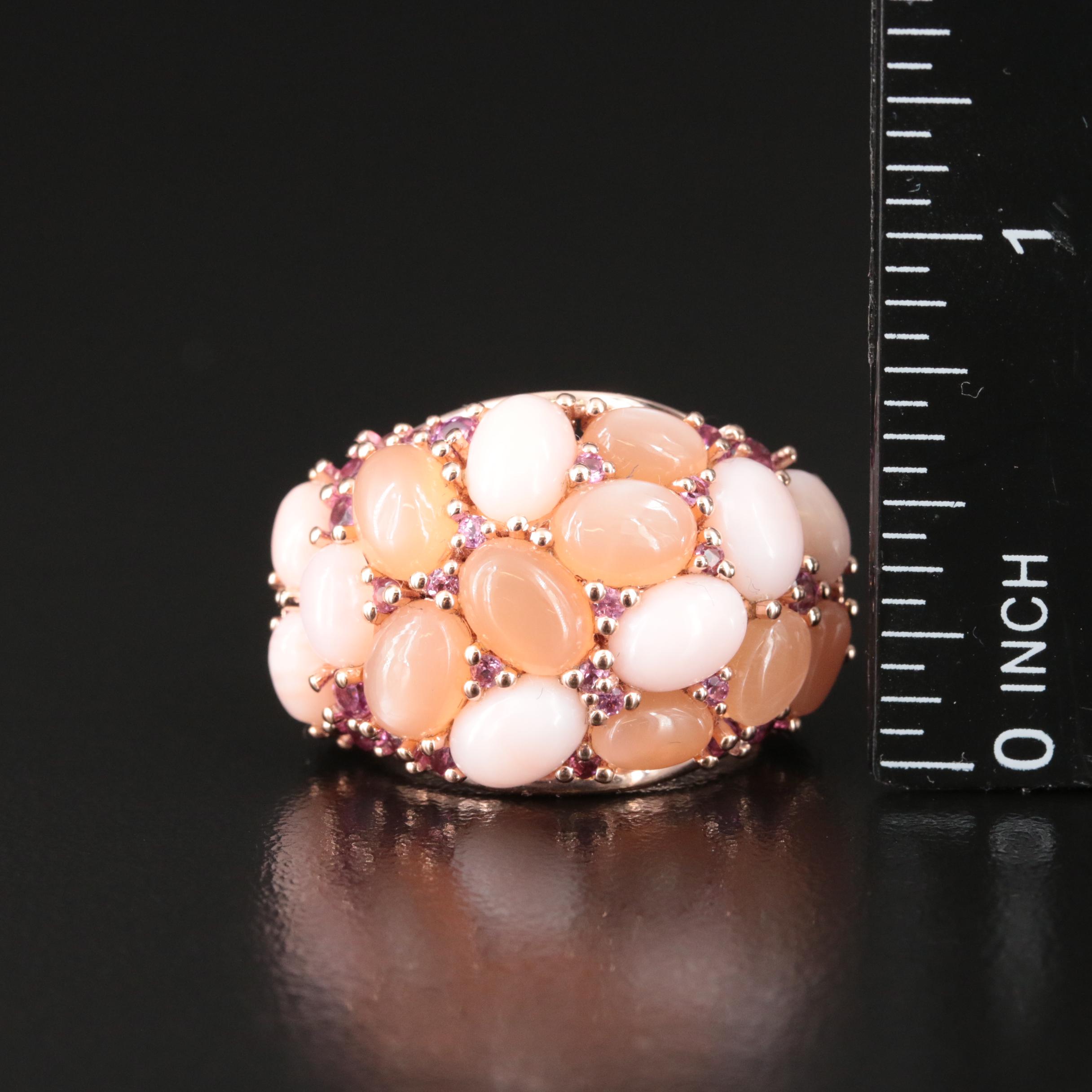 Sterling Moonstone, Common Opal and Garnet Cluster Ring