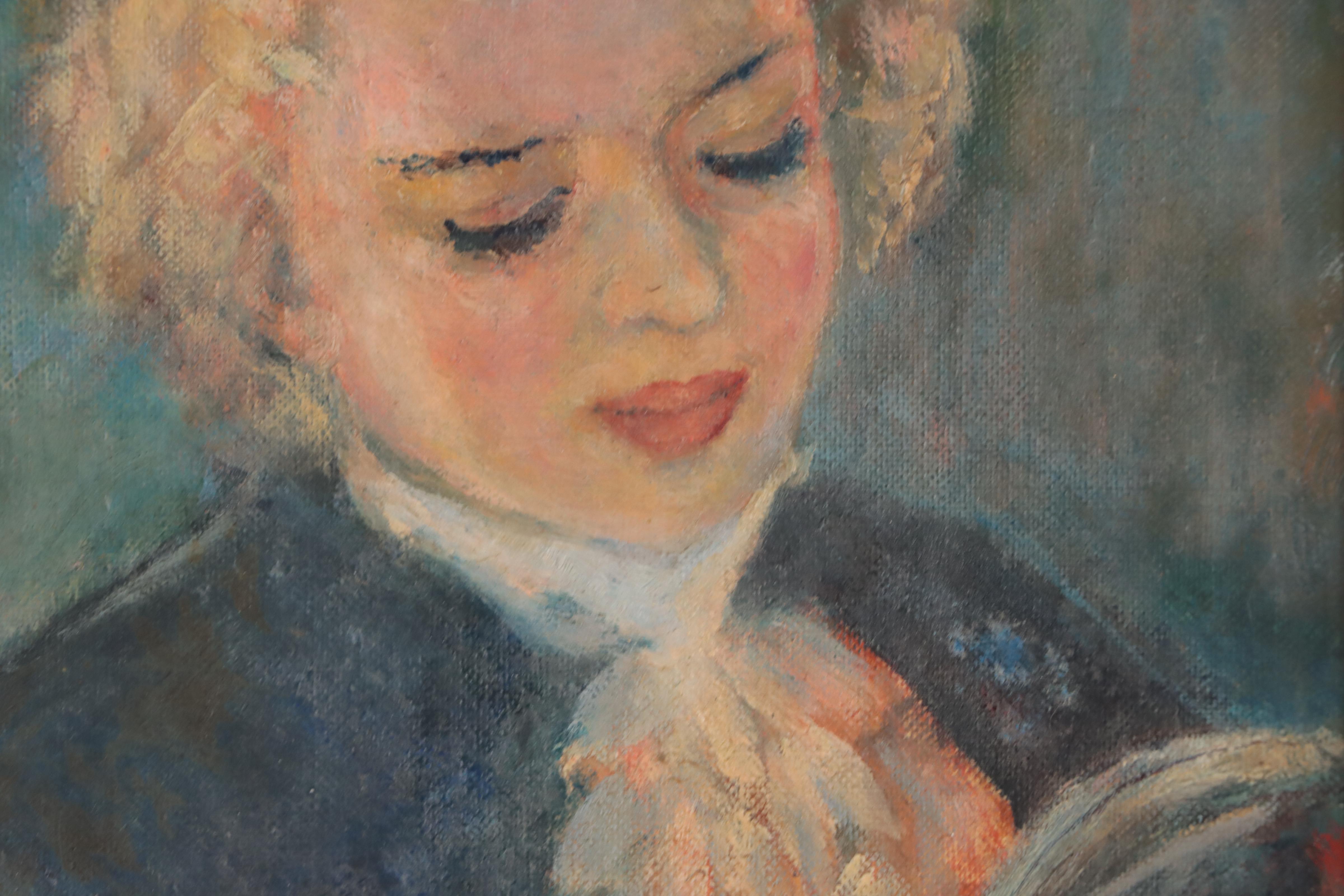 Moses Soyer Portrait Oil Painting of Young Girl Reading, 1958