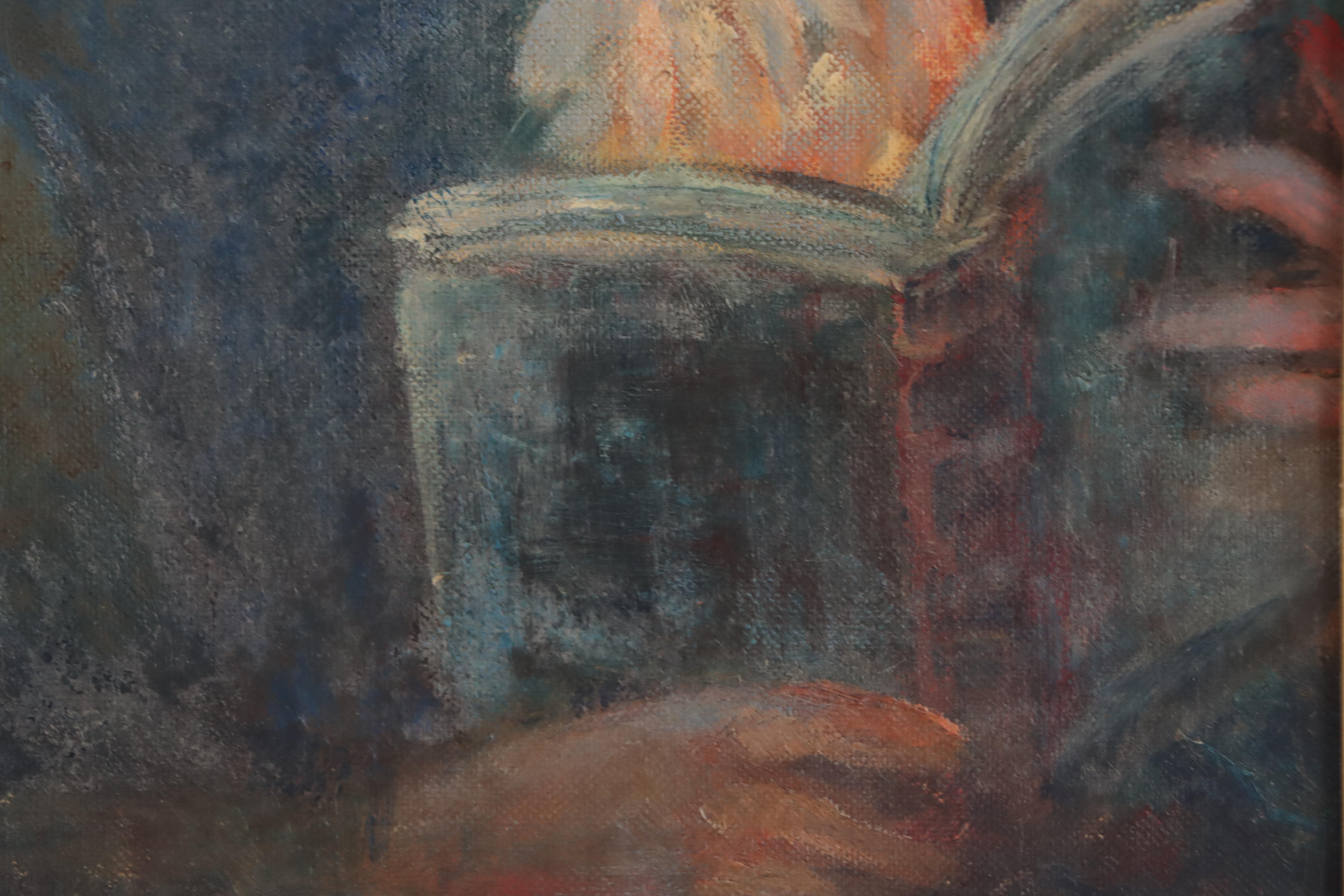 Moses Soyer Portrait Oil Painting of Young Girl Reading, 1958