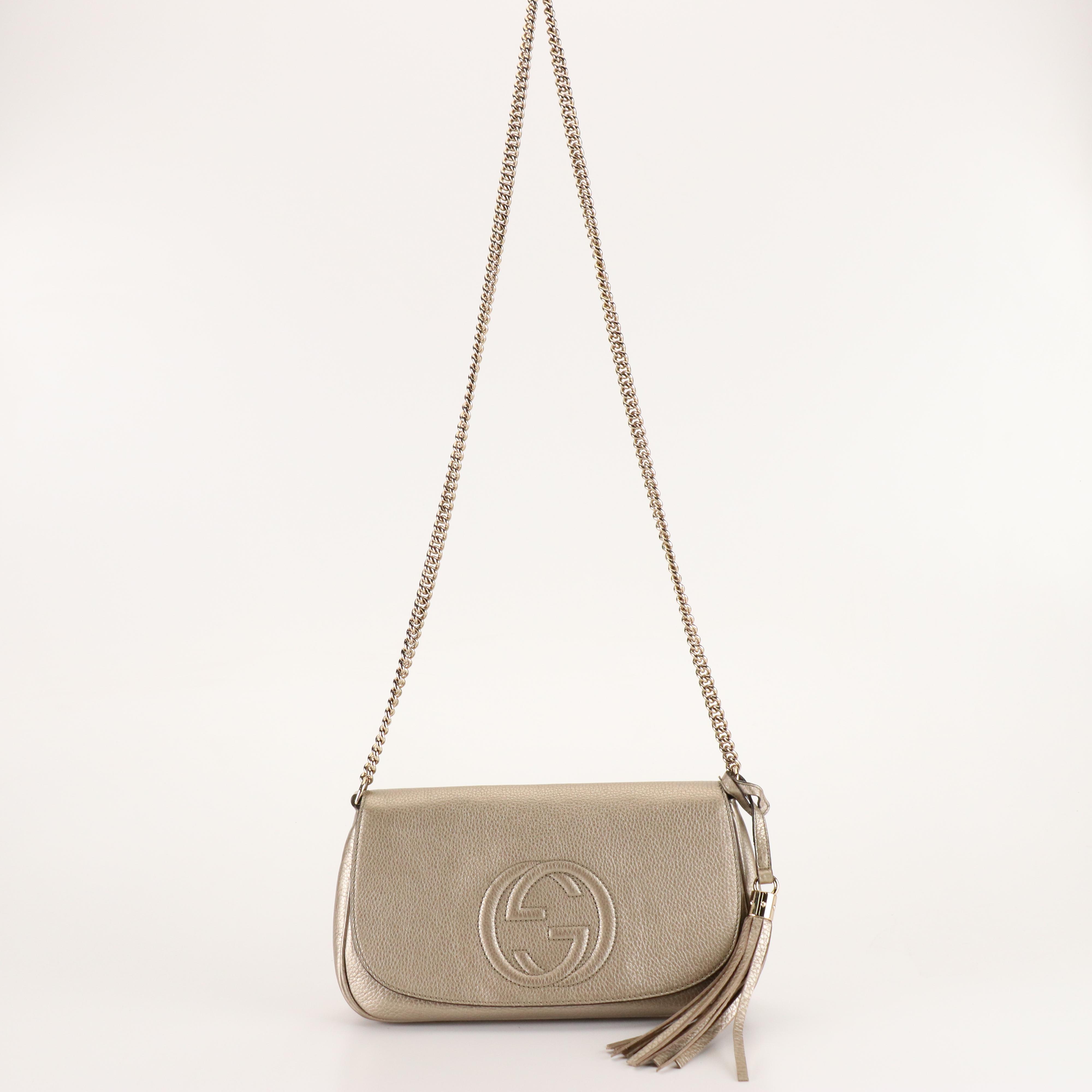 Gucci Soho Flap Chain Strap Crossbody in Metallic Grain Leather with Tassel