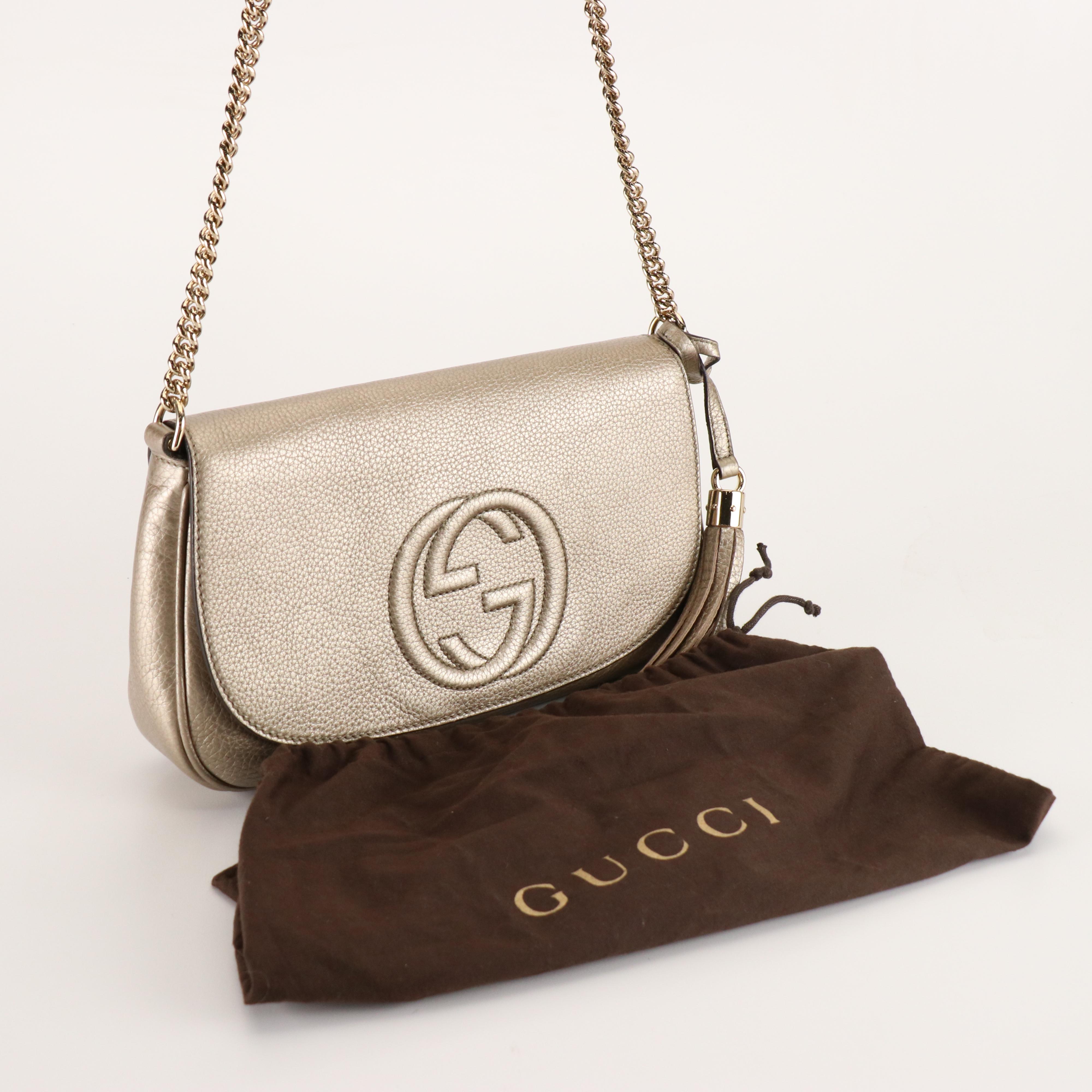 Gucci Soho Flap Chain Strap Crossbody in Metallic Grain Leather with Tassel