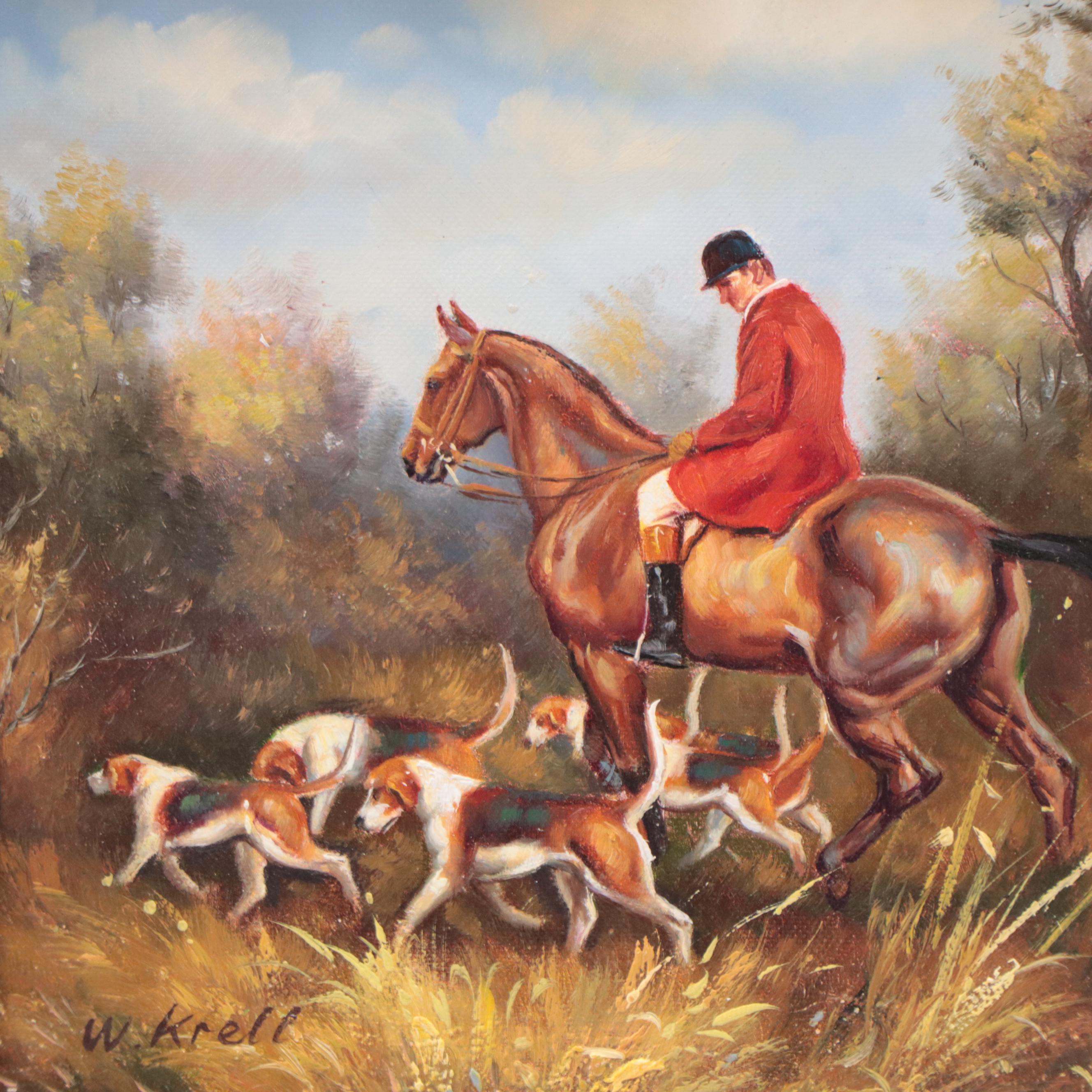 W. Krell Horse Fox Hunting Oil Painting