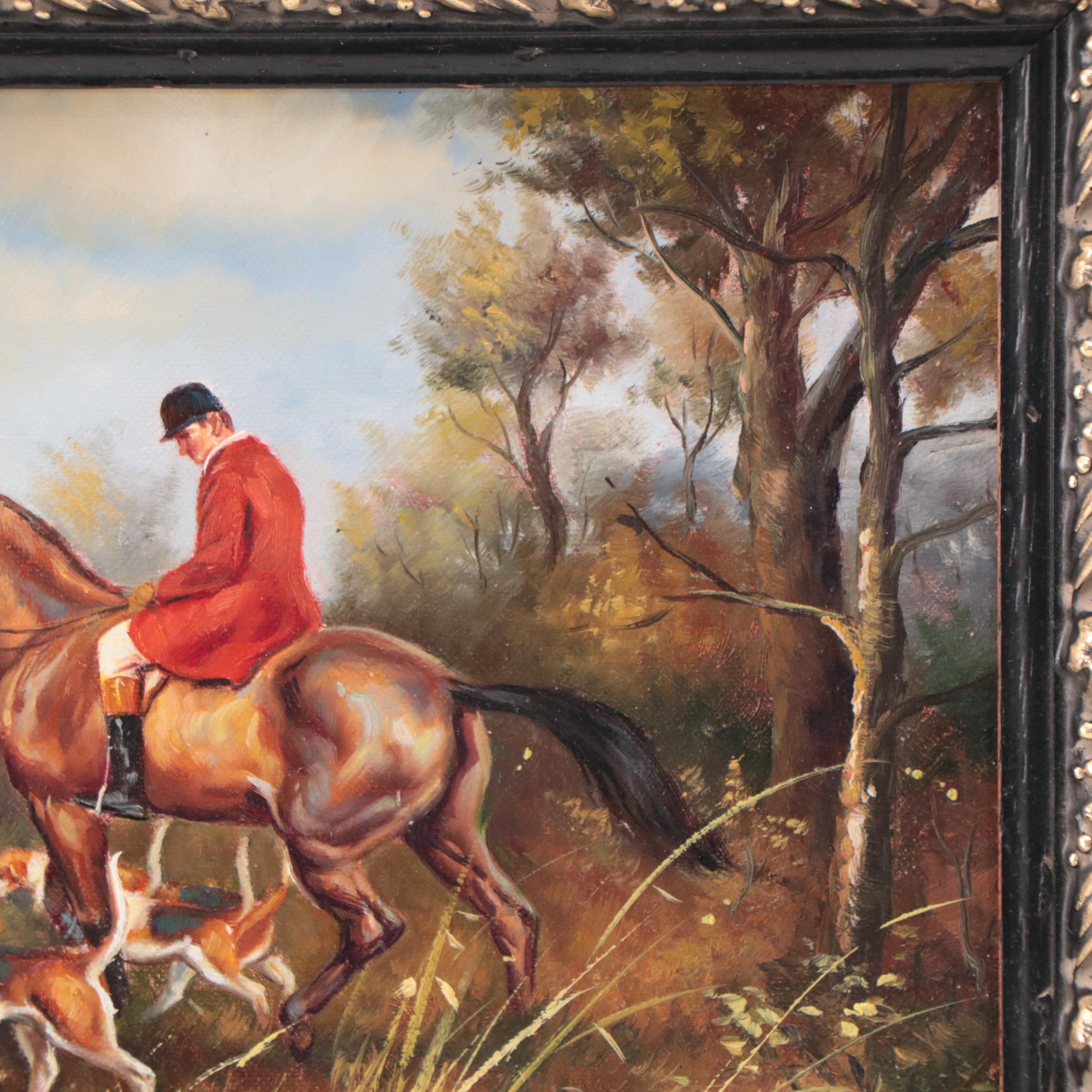 W. Krell Horse Fox Hunting Oil Painting