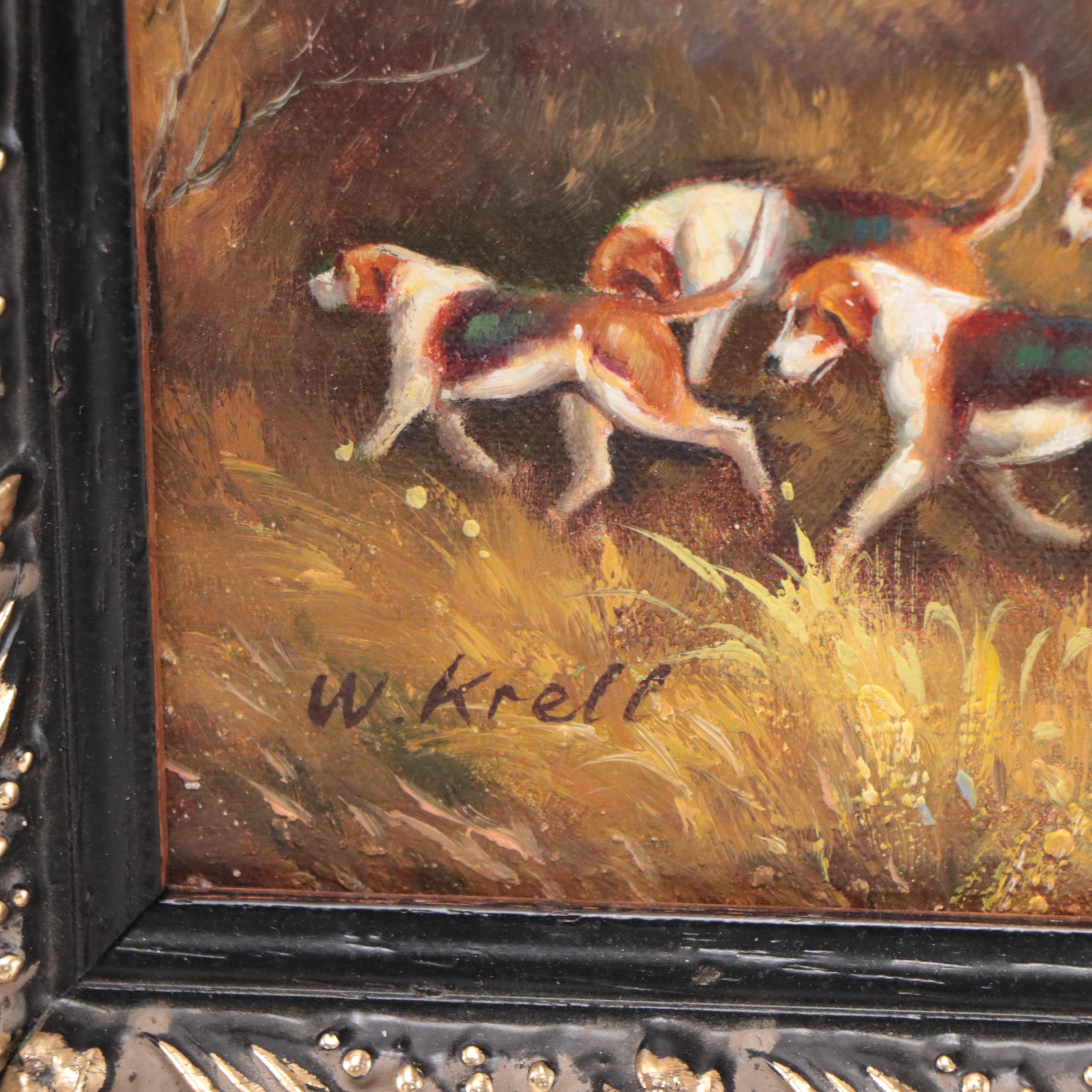W. Krell Horse Fox Hunting Oil Painting