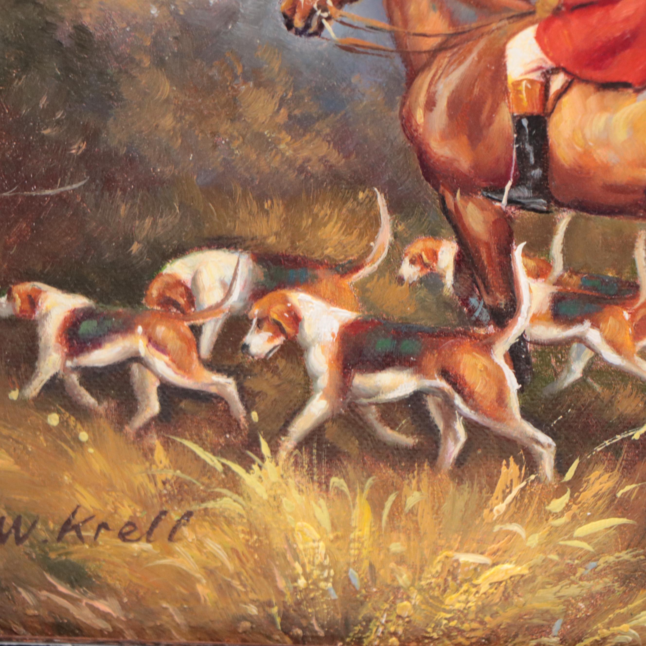 W. Krell Horse Fox Hunting Oil Painting