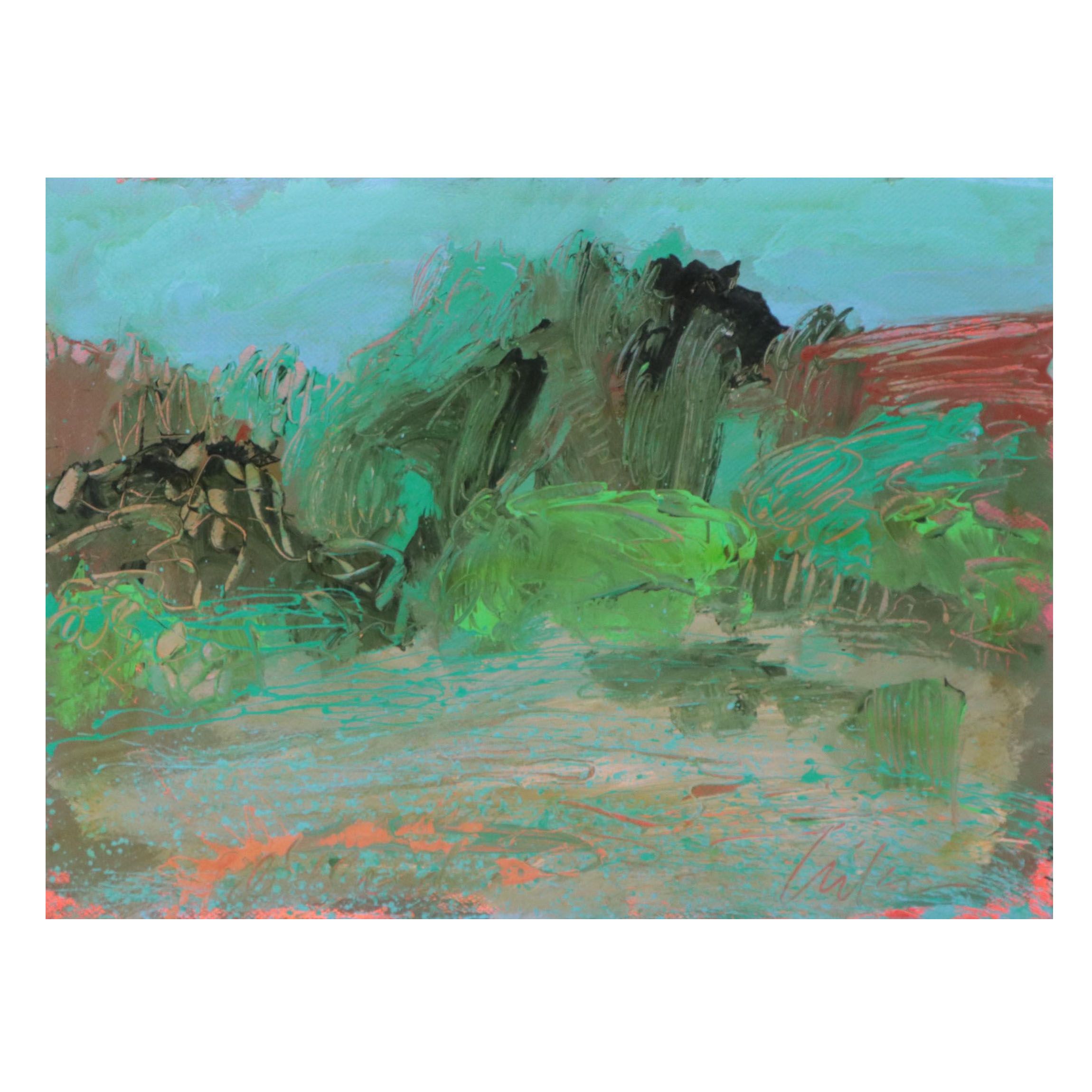 Harry Hilson Abstract Landscape Acrylic Painting, Circa 1980