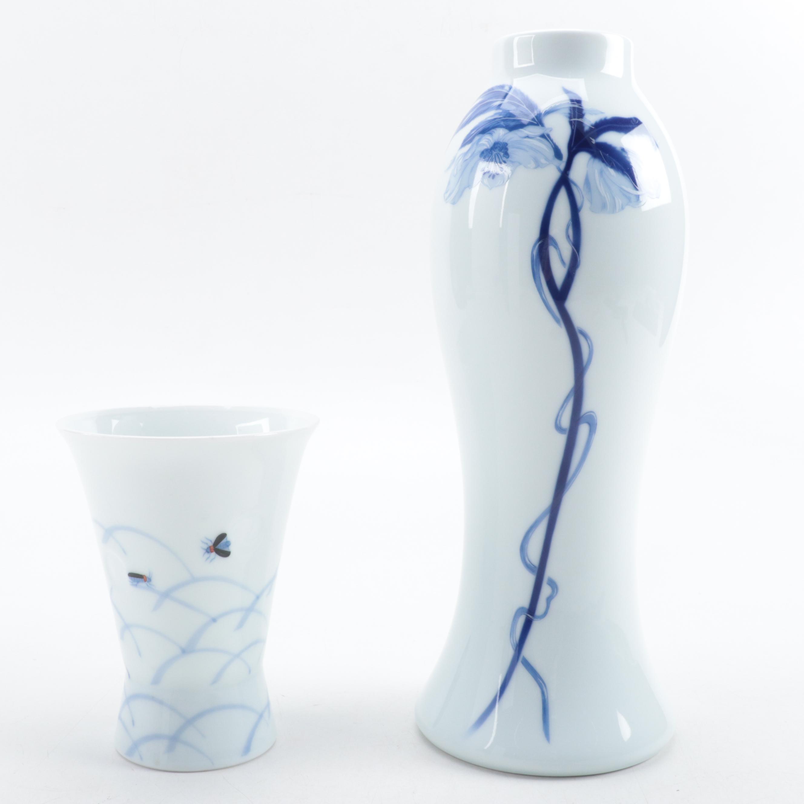 Japanese Fukagawa and Hataman Blue and White Arita Porcelain Vases