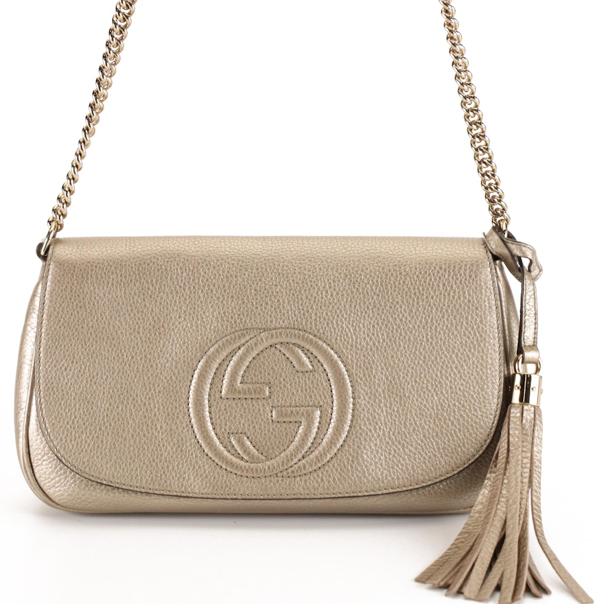 Gucci Soho Flap Chain Strap Crossbody in Metallic Grain Leather with Tassel