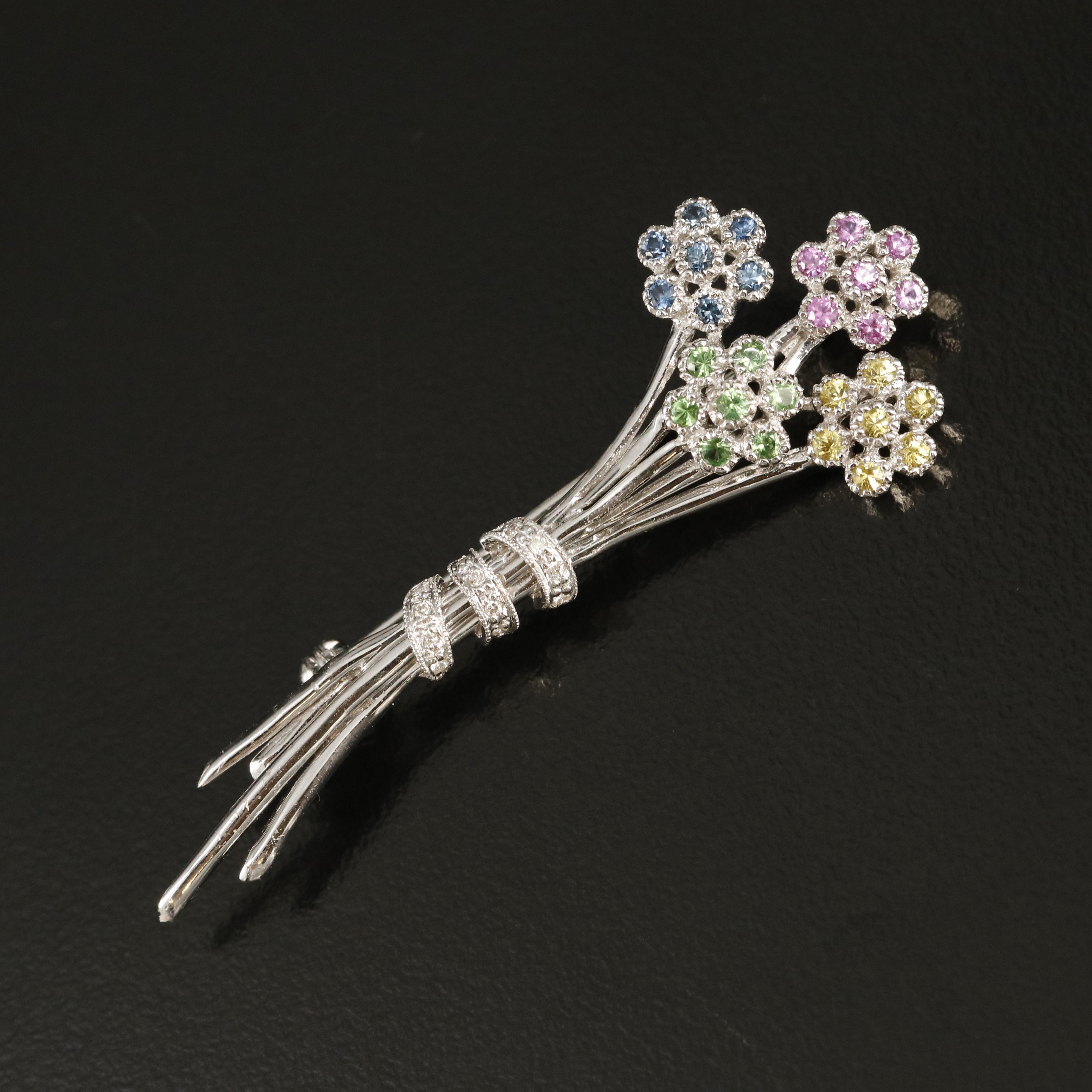 14K Sapphire, Tsavorite Garnet and Diamond Floral Spray Brooch