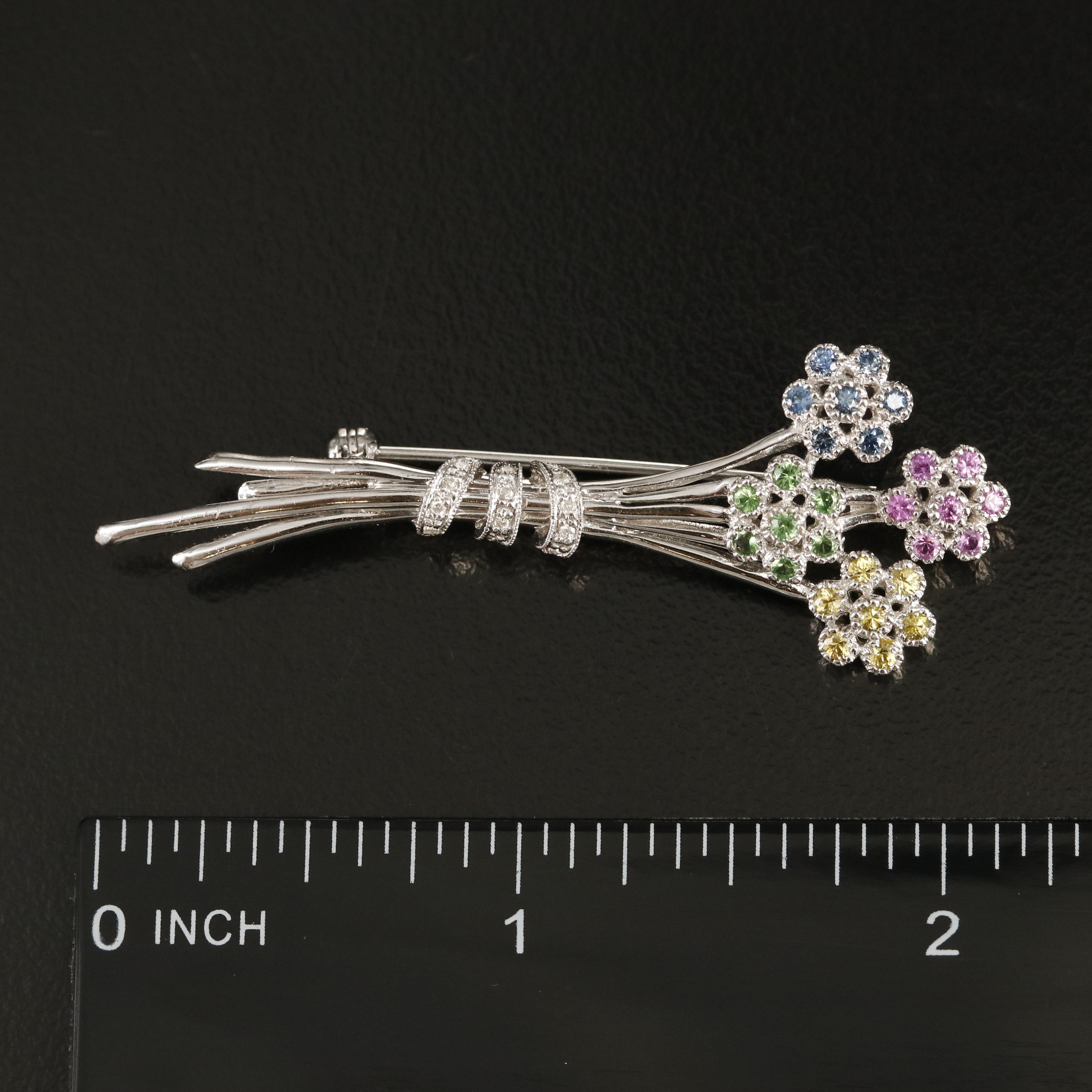 14K Sapphire, Tsavorite Garnet and Diamond Floral Spray Brooch
