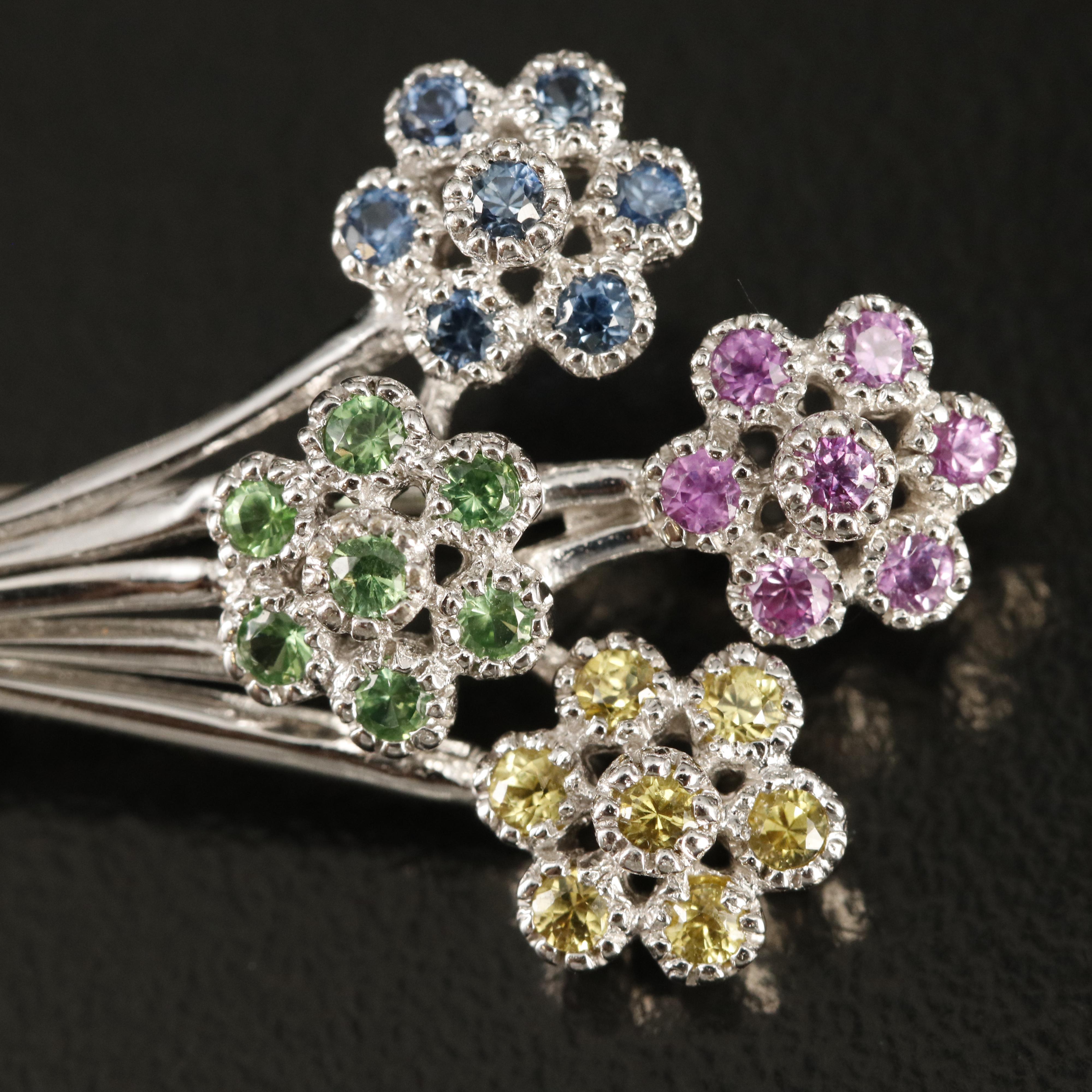 14K Sapphire, Tsavorite Garnet and Diamond Floral Spray Brooch