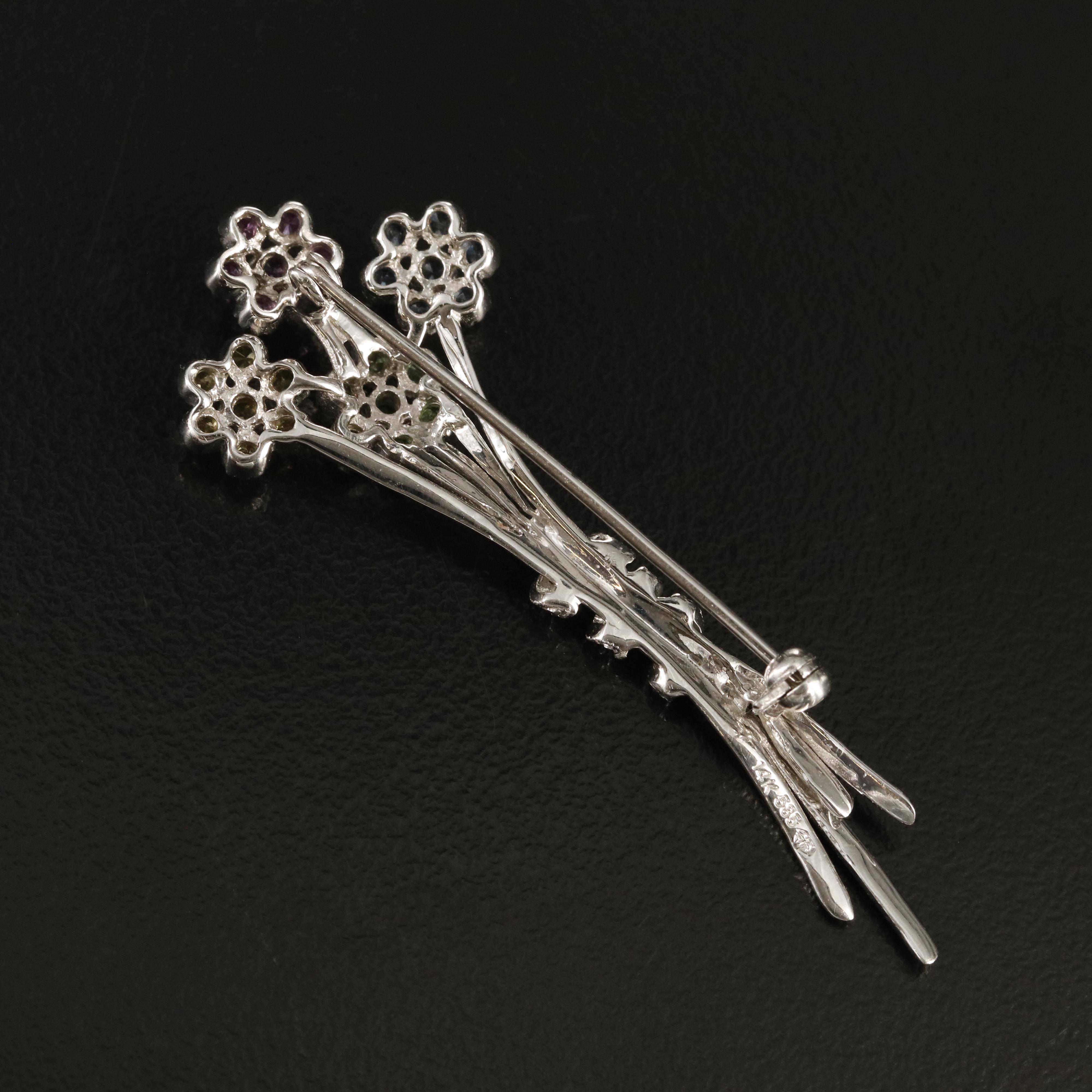 14K Sapphire, Tsavorite Garnet and Diamond Floral Spray Brooch