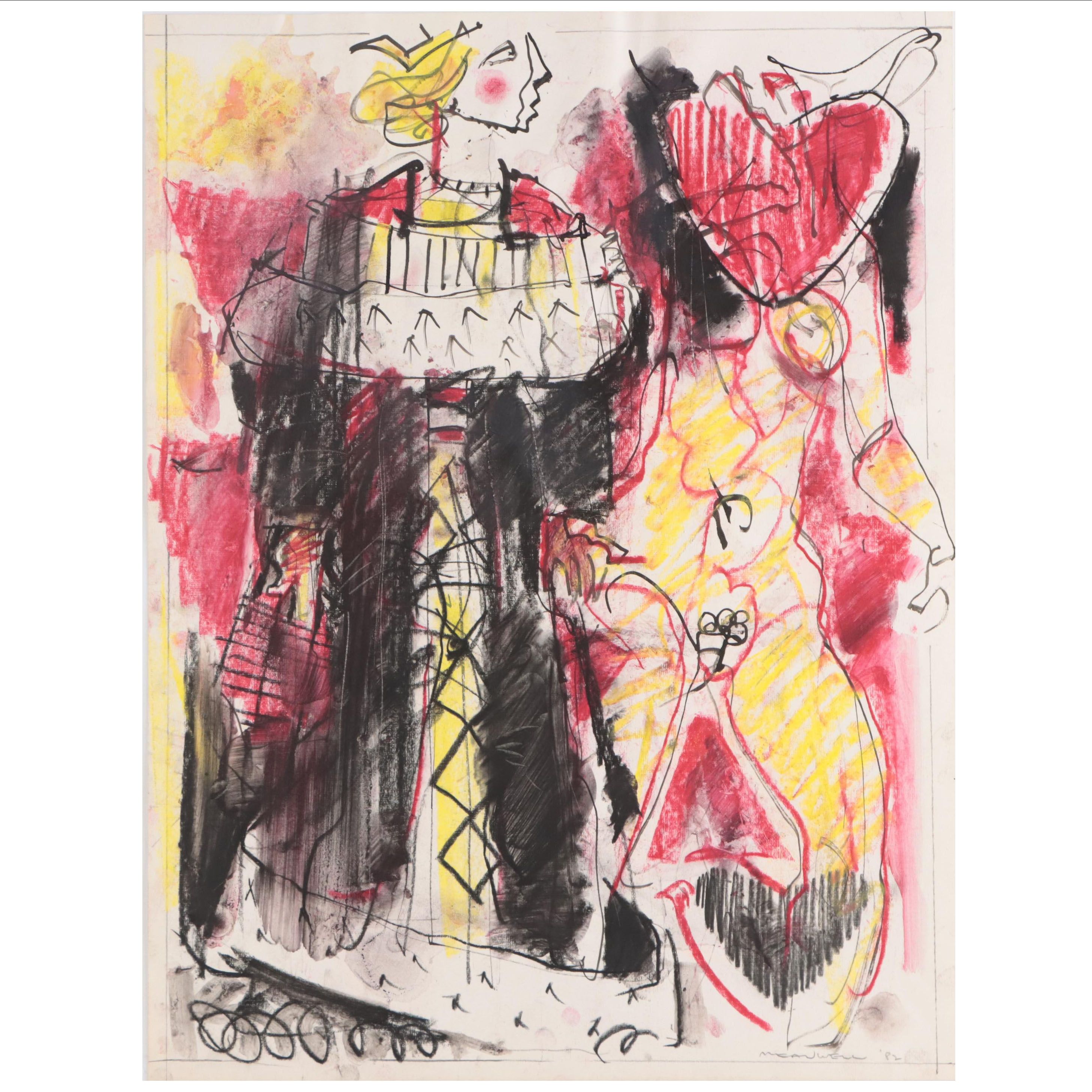 Jack Meanwell Expressionist Style Oil Pastel Drawing, 1982