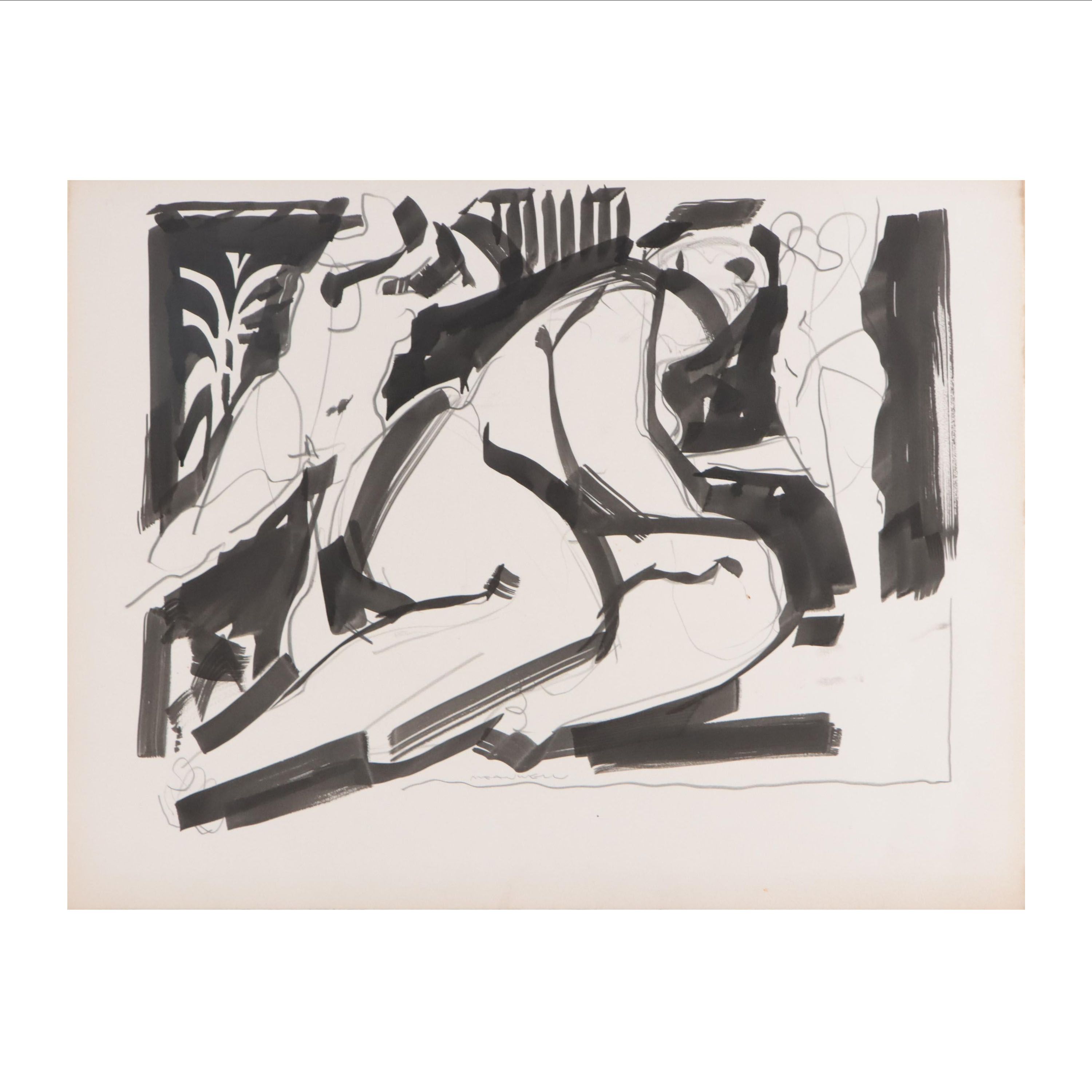 Jack Meanwell Figural Ink and Graphite Drawing, Late 20th Century