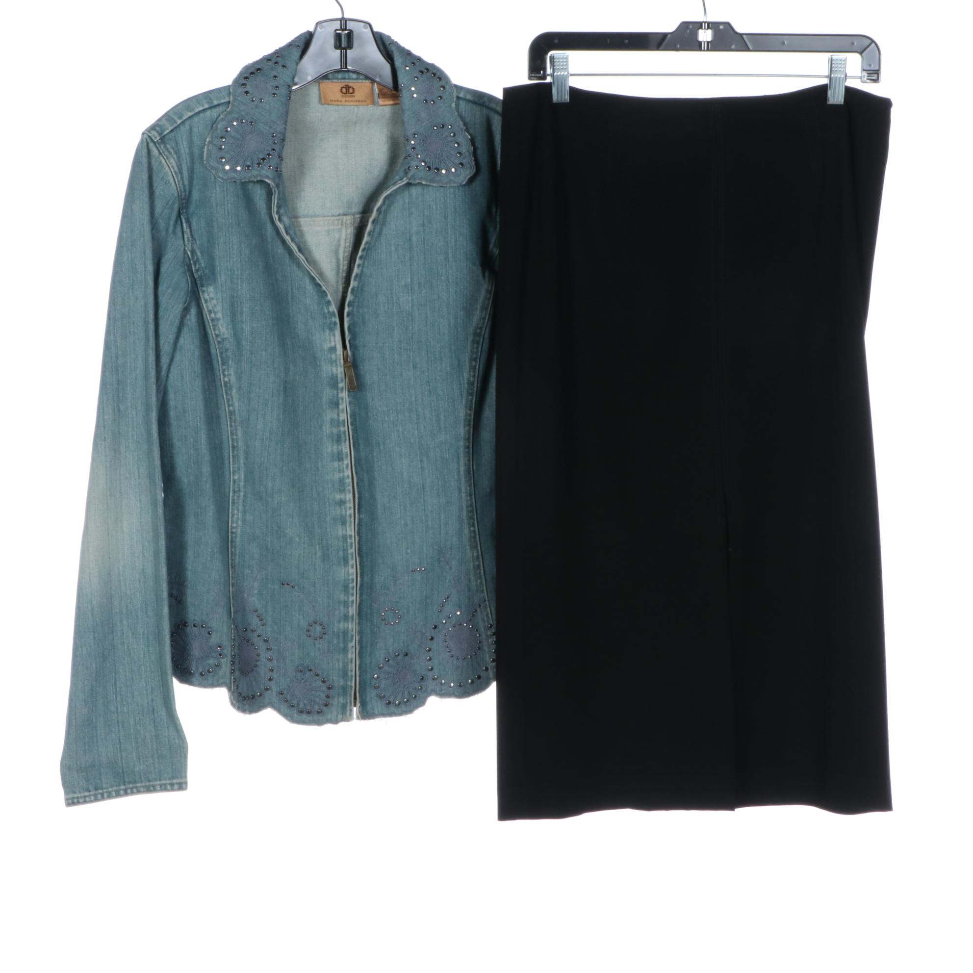 DKNY Split Front Pencil Skirt with Dana Buchman Jean Jacket and Knit Tops
