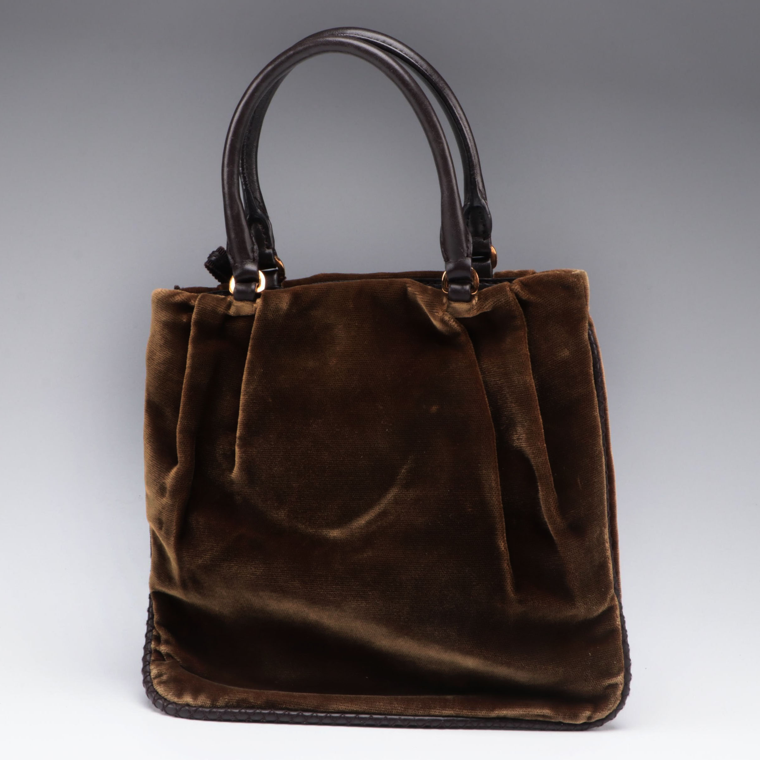 Prada Mini Embroidered Tote in Velvet with Leather Trim