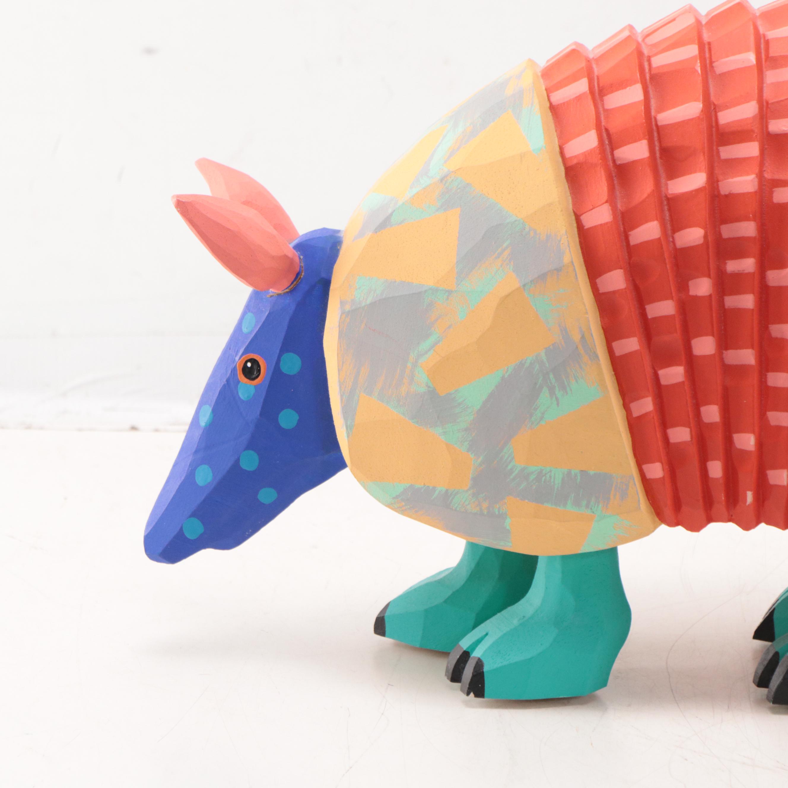 Mexican Style Folk Art Hand-Painted Carved Wood Sculpture of Armadillo