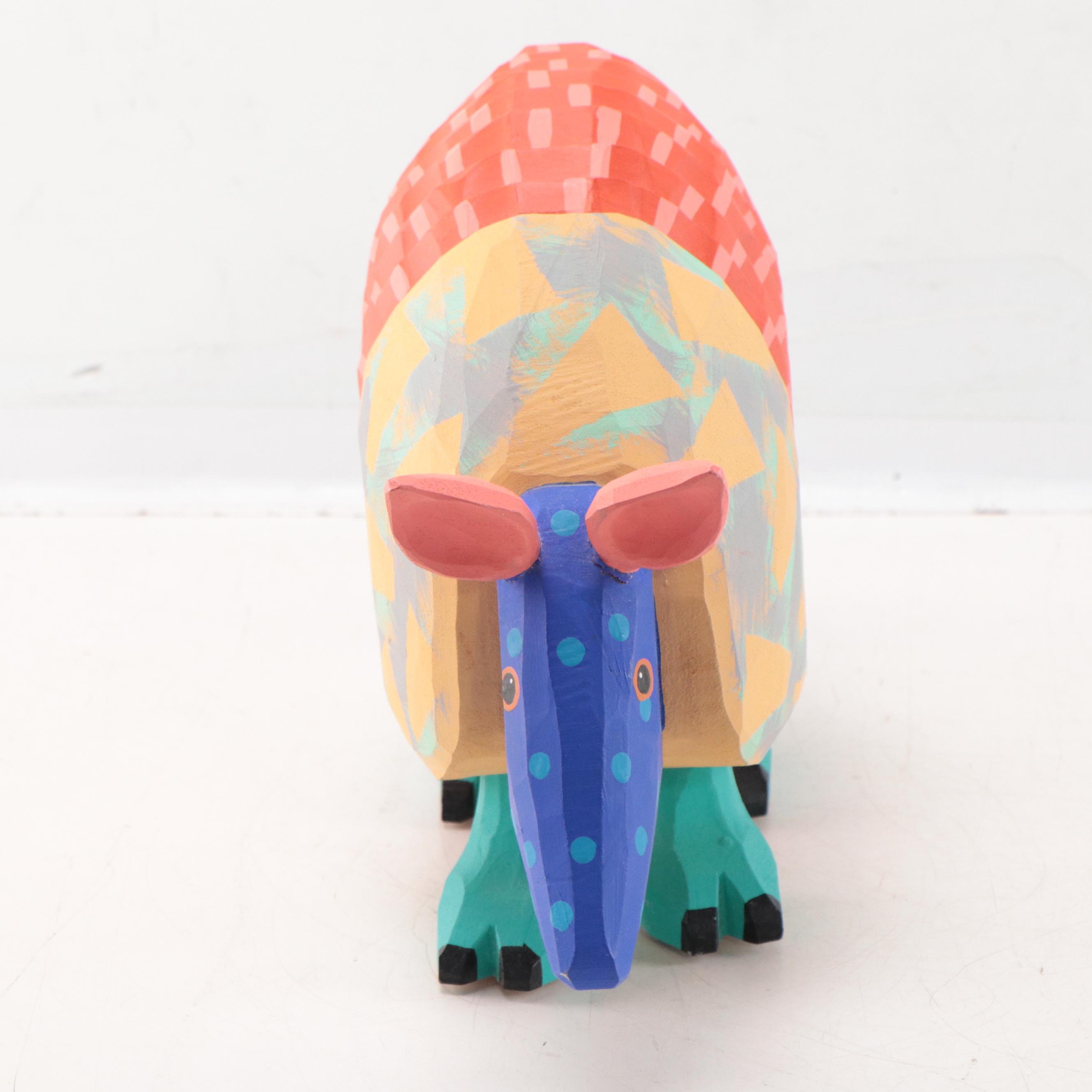 Mexican Style Folk Art Hand-Painted Carved Wood Sculpture of Armadillo