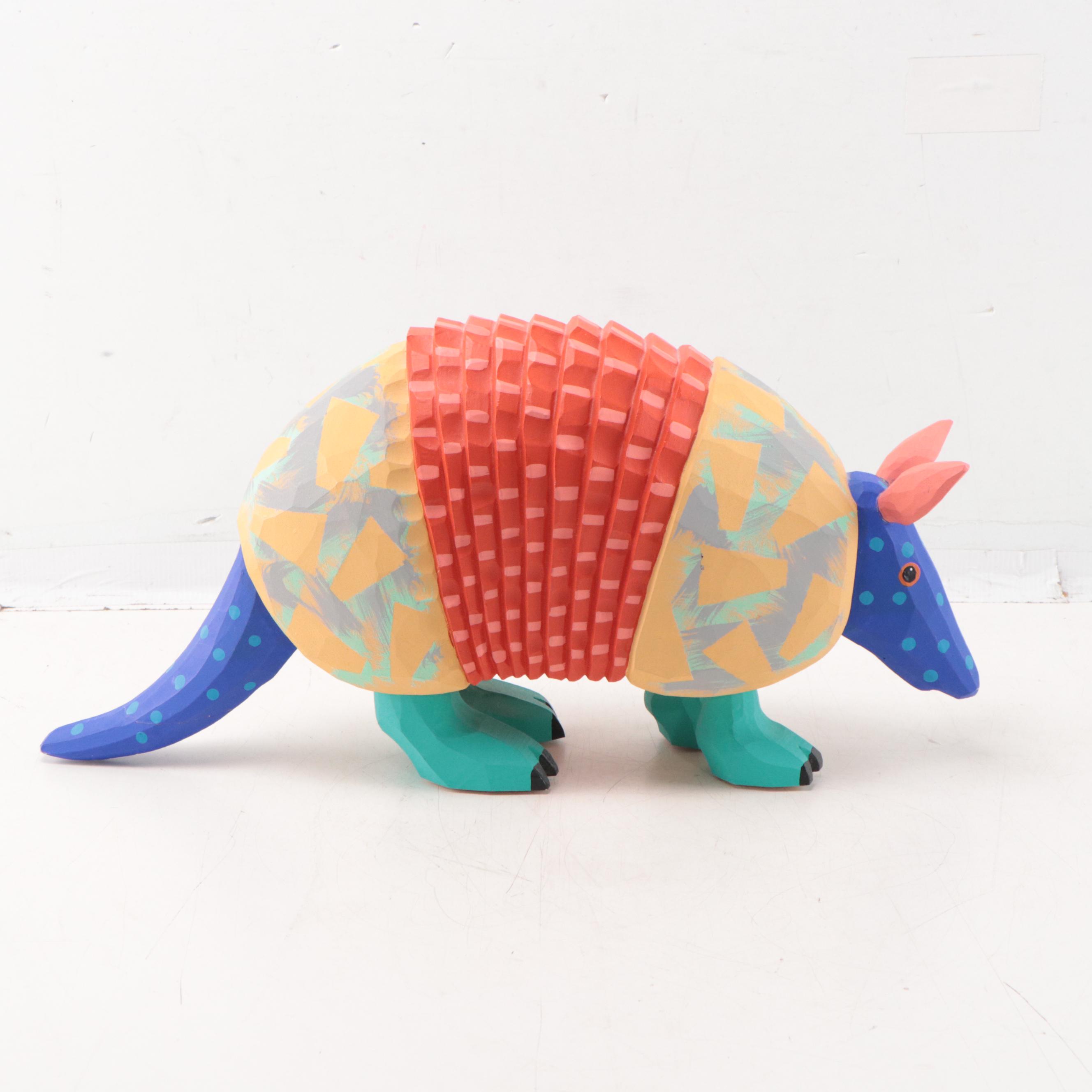 Mexican Style Folk Art Hand-Painted Carved Wood Sculpture of Armadillo