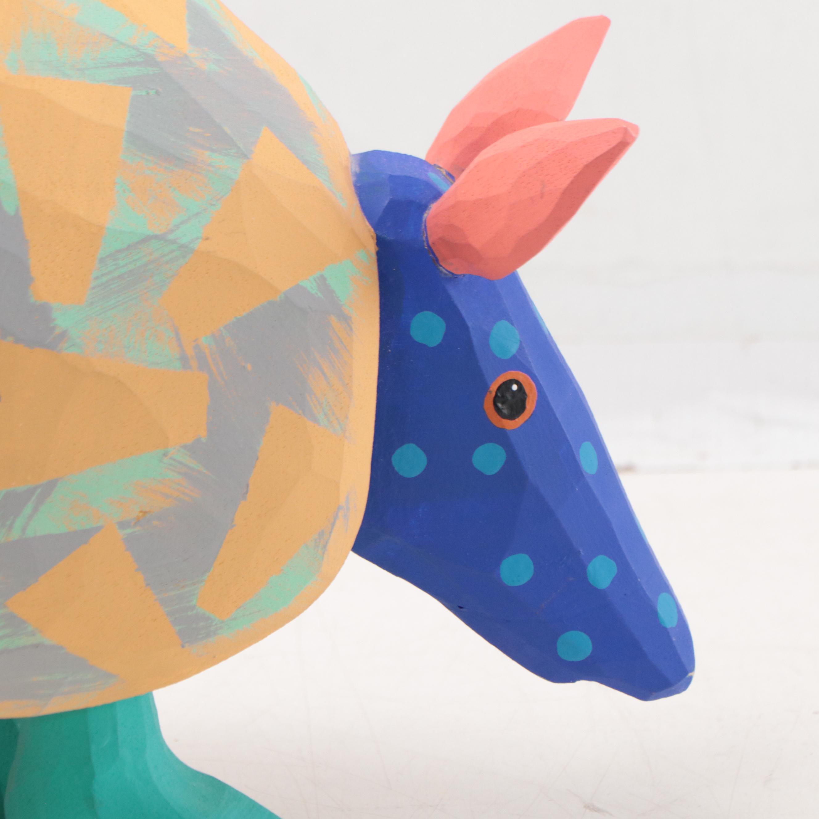 Mexican Style Folk Art Hand-Painted Carved Wood Sculpture of Armadillo